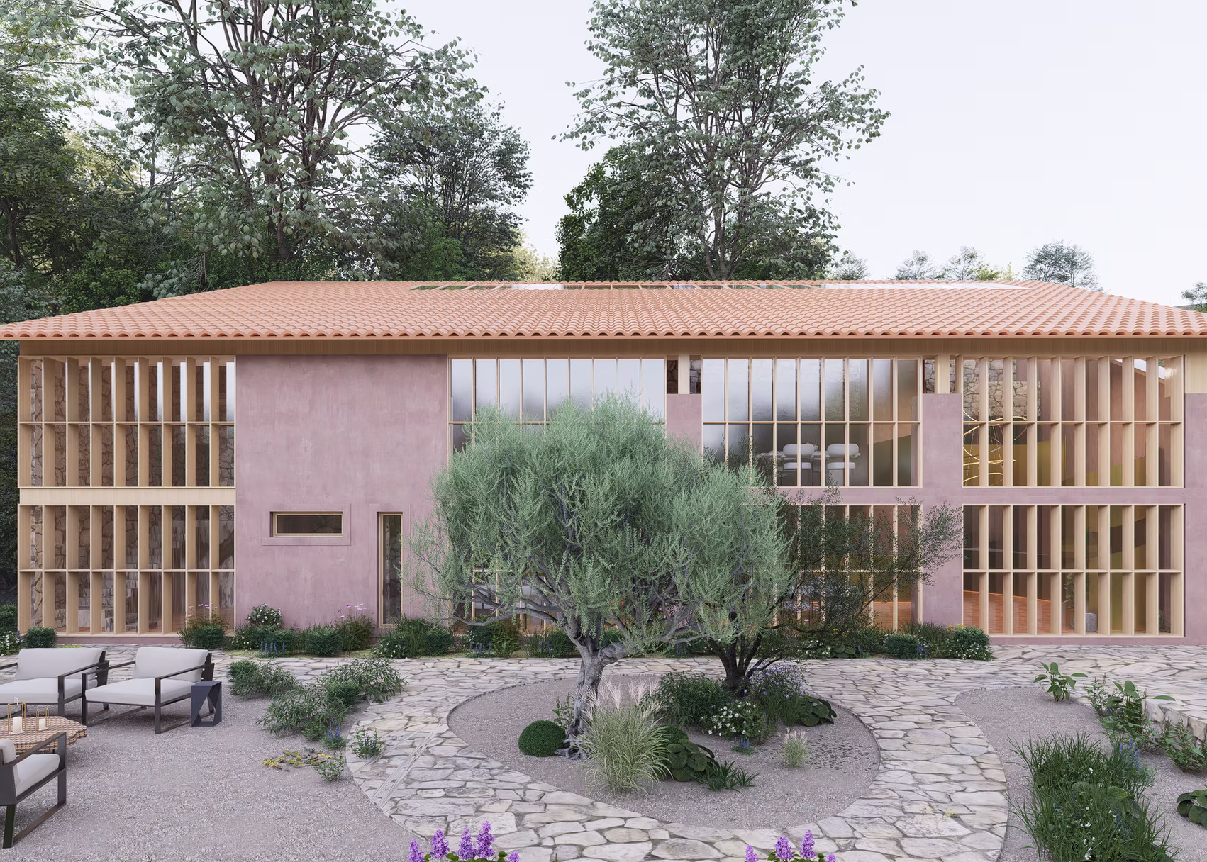 Restaurant exterior render with slatted timber screens, tall windows and a gravel garden of olive trees, Hyderabad