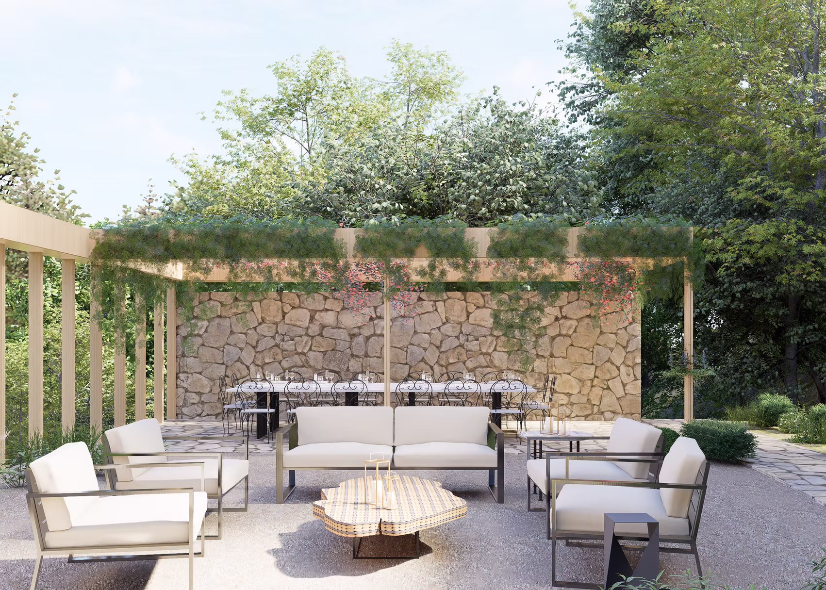Outdoor dining terrace with pergola, stone feature wall, long banquet table and grey-cushioned lounge chairs, Hyderabad