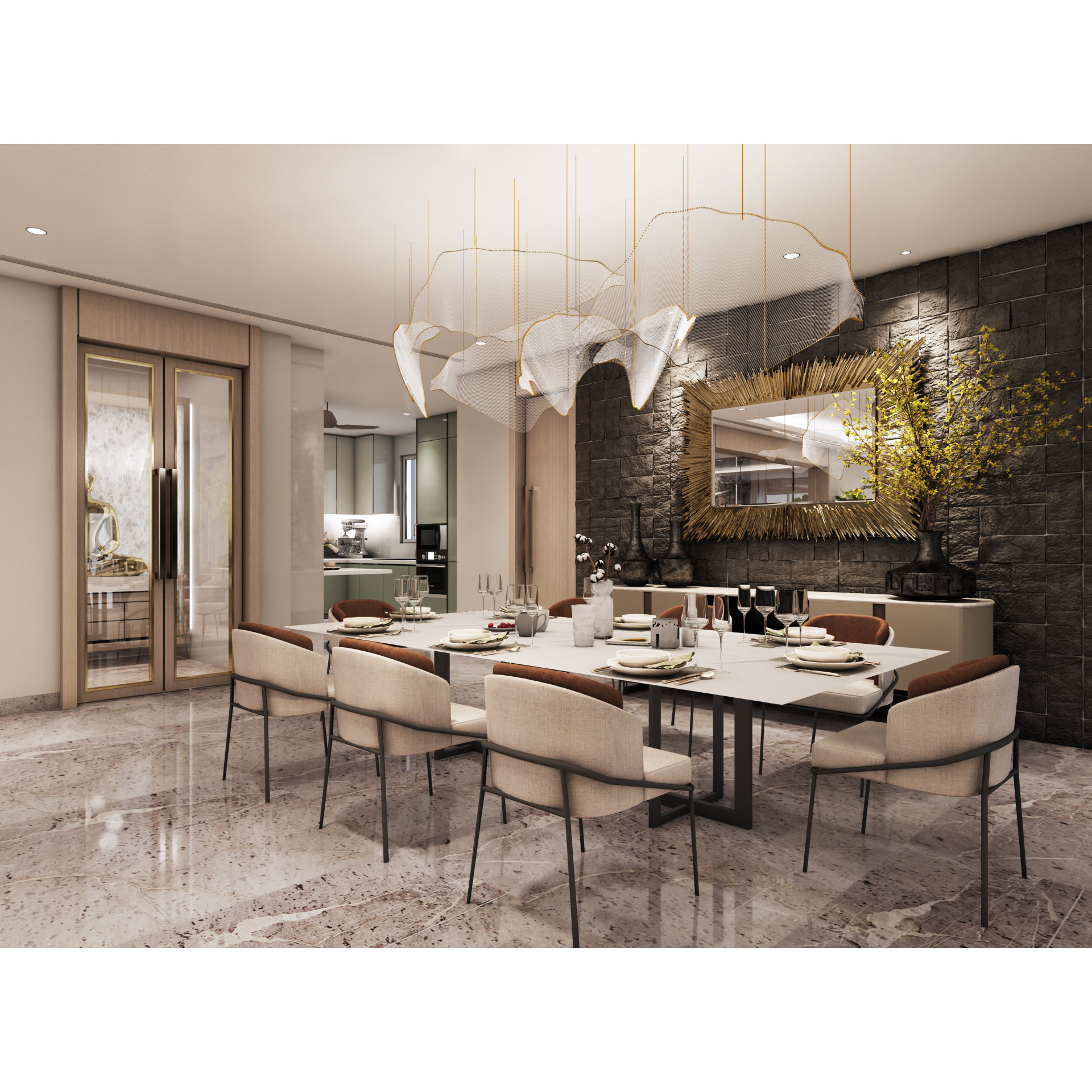 Dining room with dark stone accent wall, gold sunburst mirror and marble table with caramel-leather chairs, Hyderabad