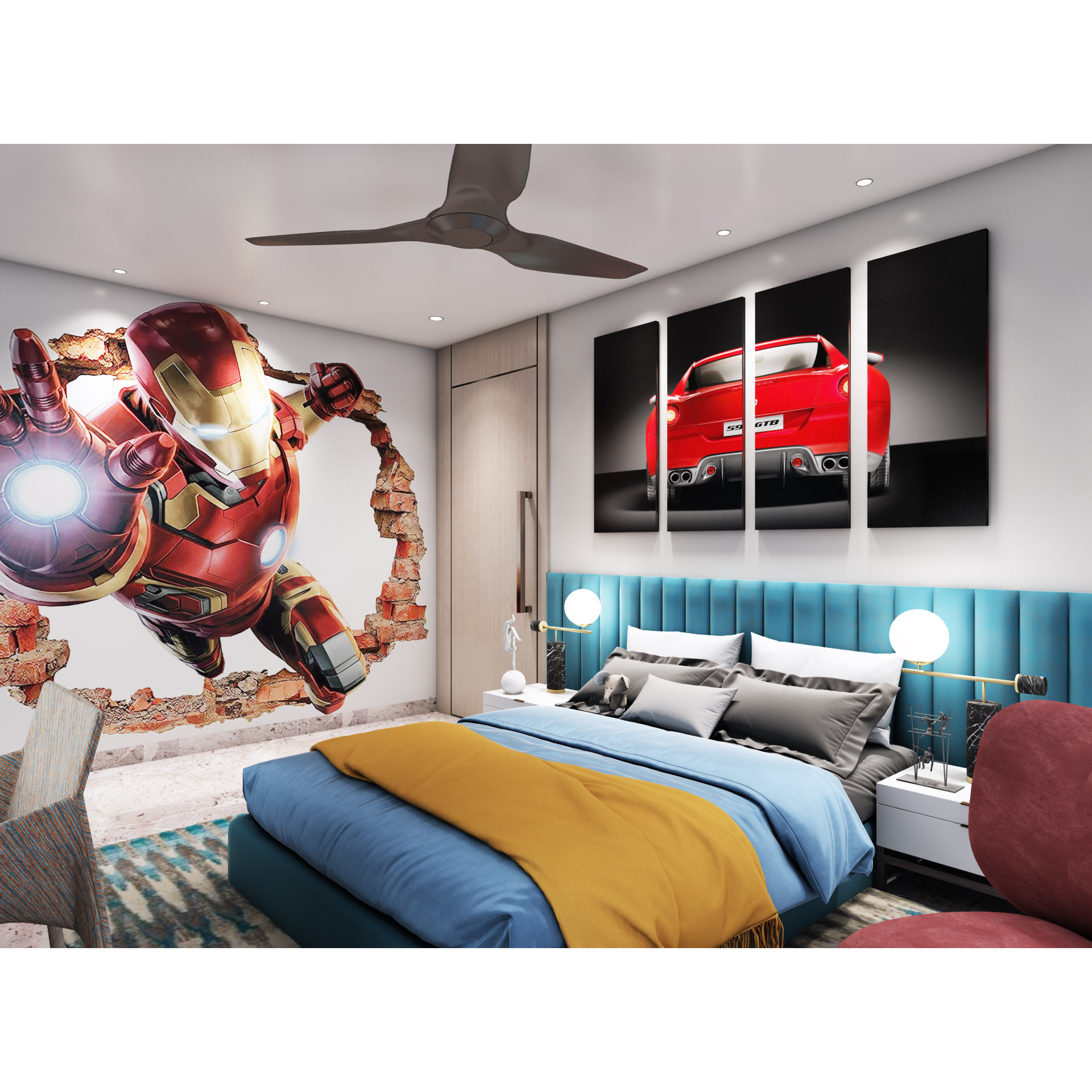 Kids' bedroom with Iron Man 3D wall mural, red sports-car canvas panels and teal upholstered bed, Hyderabad