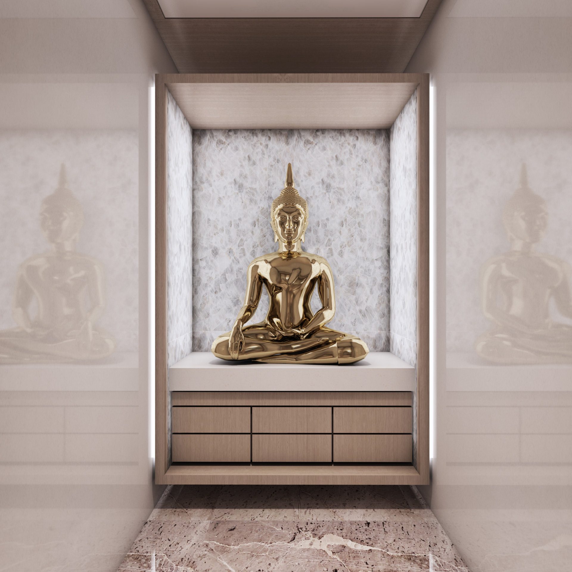 Pooja niche with golden seated Buddha statue, backlit textured stone and floating wood drawers, Hyderabad