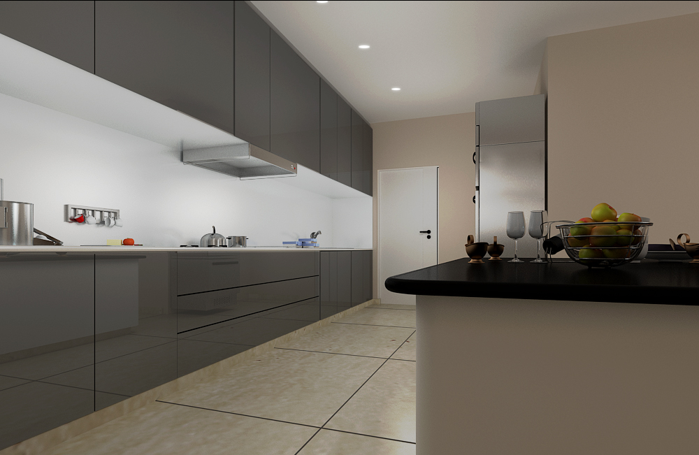 Modern modular kitchen in Hyderabad with glossy charcoal-grey cabinets, white countertops and a black-topped island