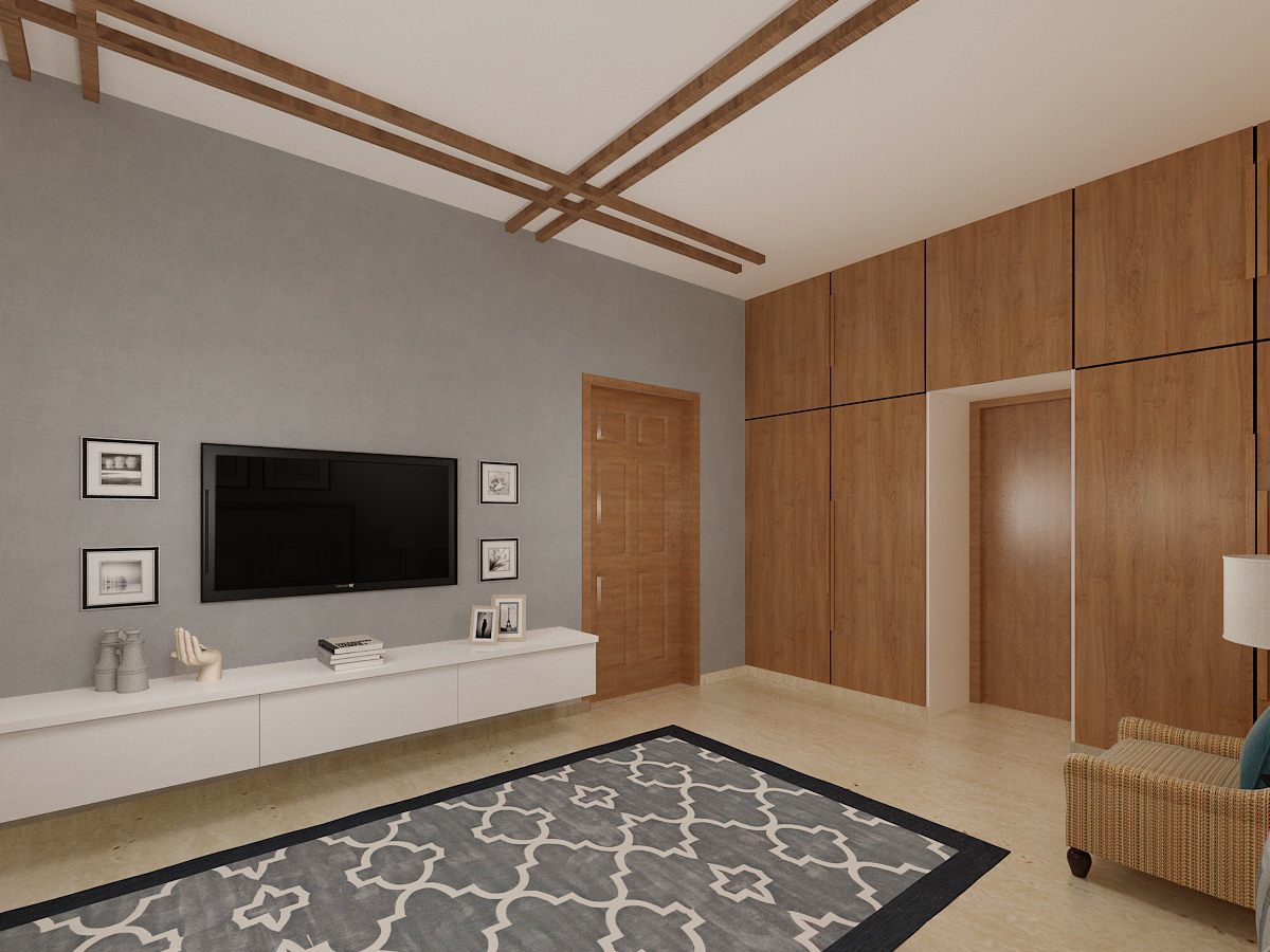 Living area TV wall in grey with floating white console, wooden wardrobes and crisscross ceiling beams, Hyderabad