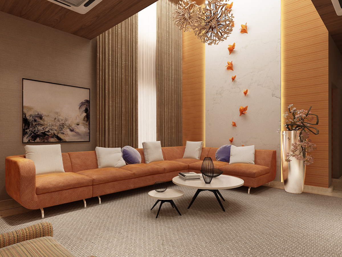 Contemporary living room with a long terracotta sectional sofa, woven rug and butterfly wall motif, Hyderabad interiors