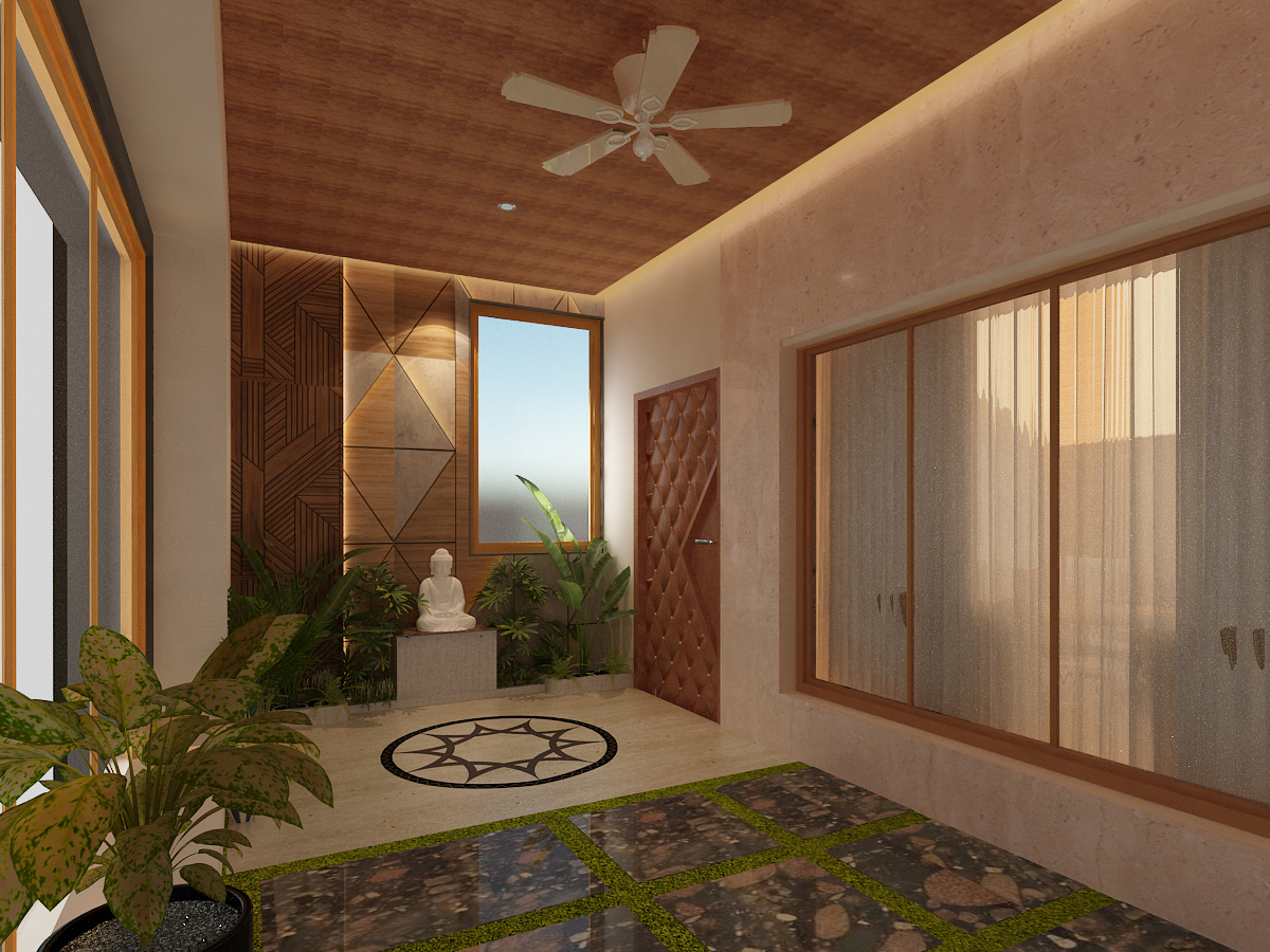 Foyer with seated Buddha, wood-clad ceiling, geometric wall panels and inlaid marble-and-stone flooring, Hyderabad