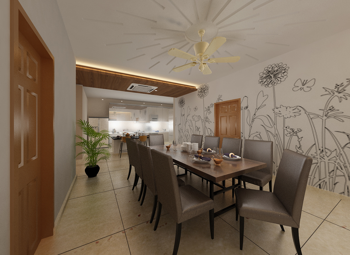 Open dining area with wood-top table, grey upholstered chairs and a line-art floral mural beside the kitchen, Hyderabad