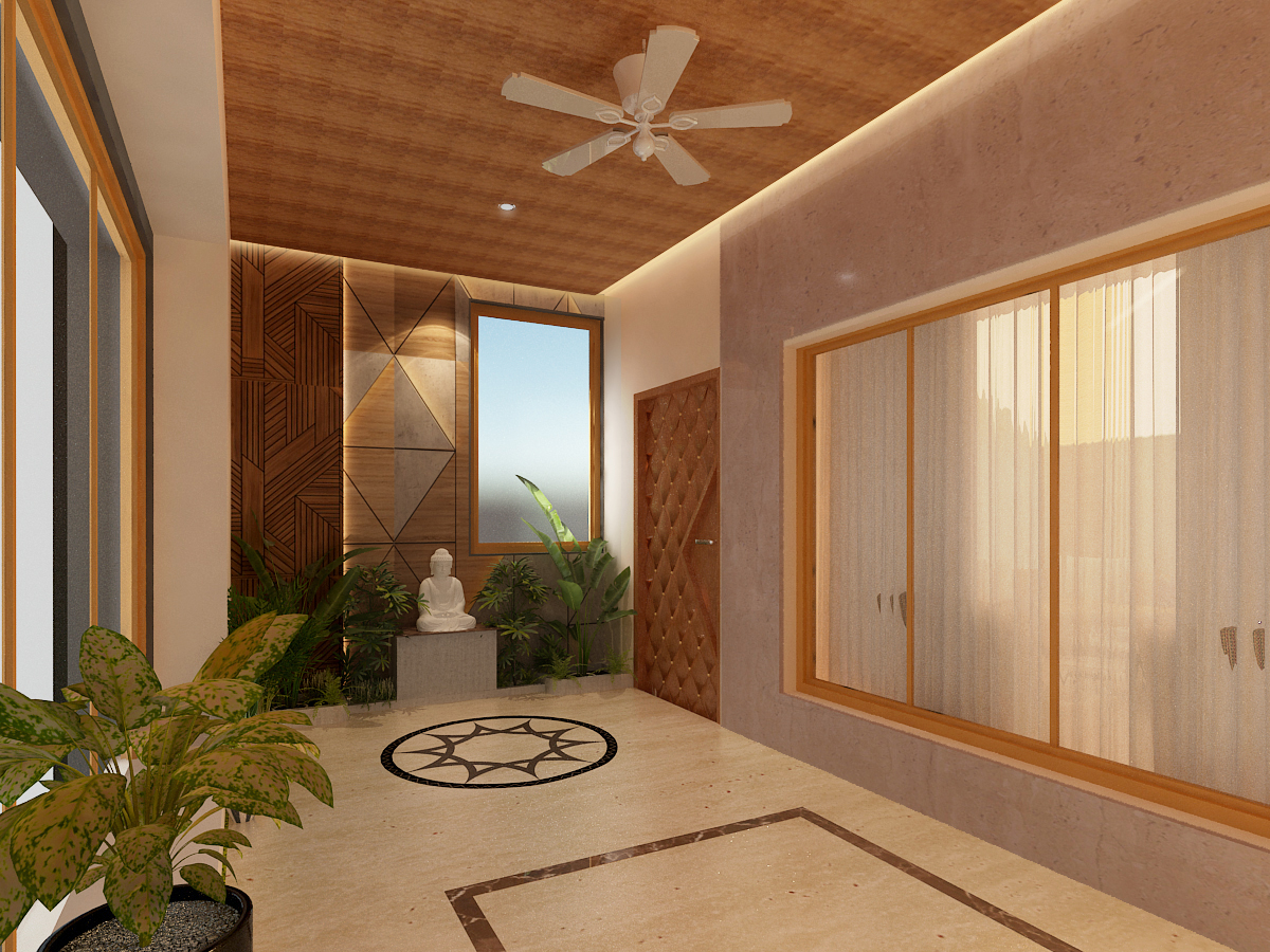 Pooja and foyer space with Buddha idol, wood-slat ceiling, geometric panelling and marble flooring, Hyderabad home