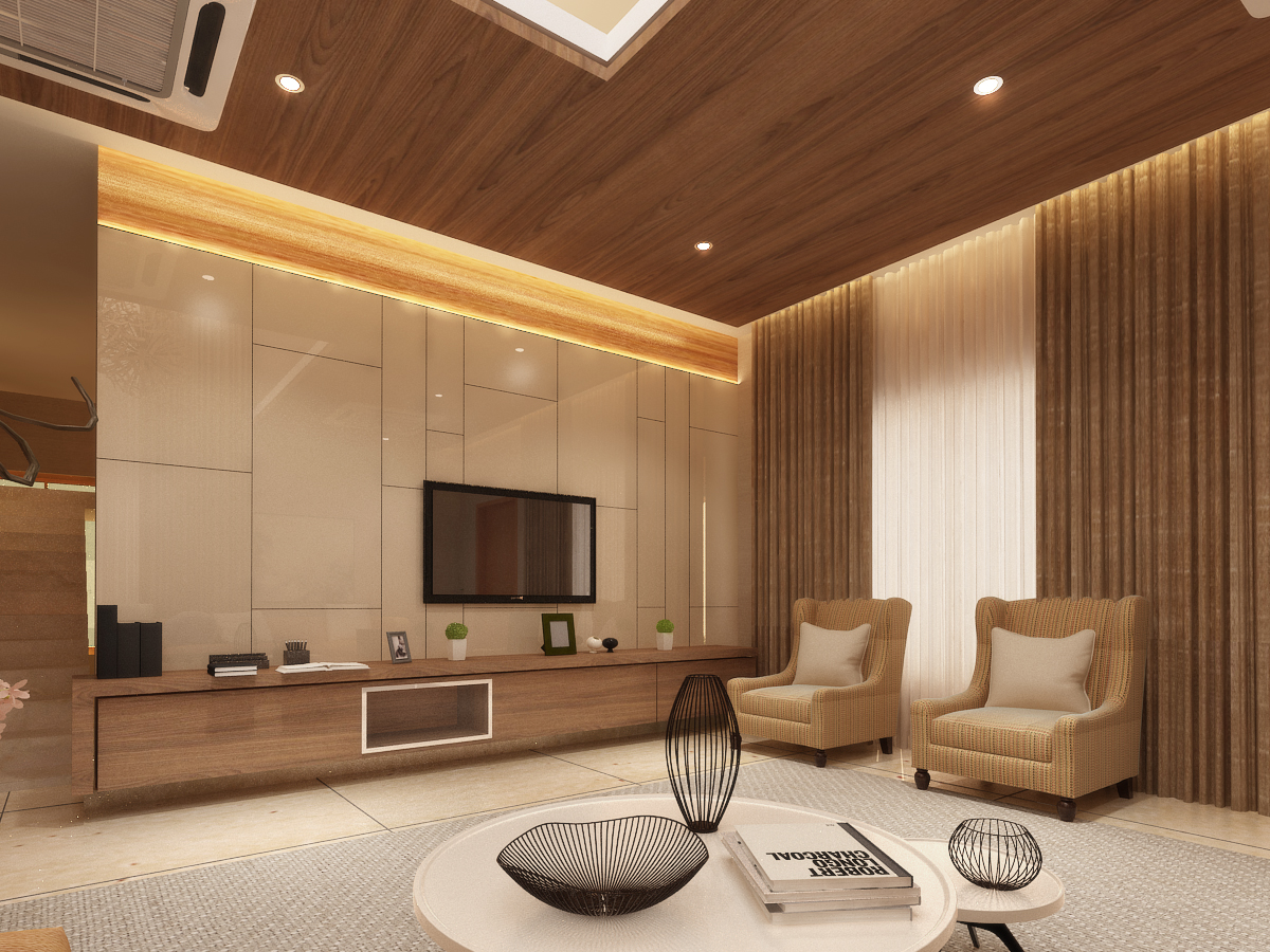 Warm living room with beige tile-clad TV wall, wood floating console, twin wingback chairs and cove lighting, Hyderabad