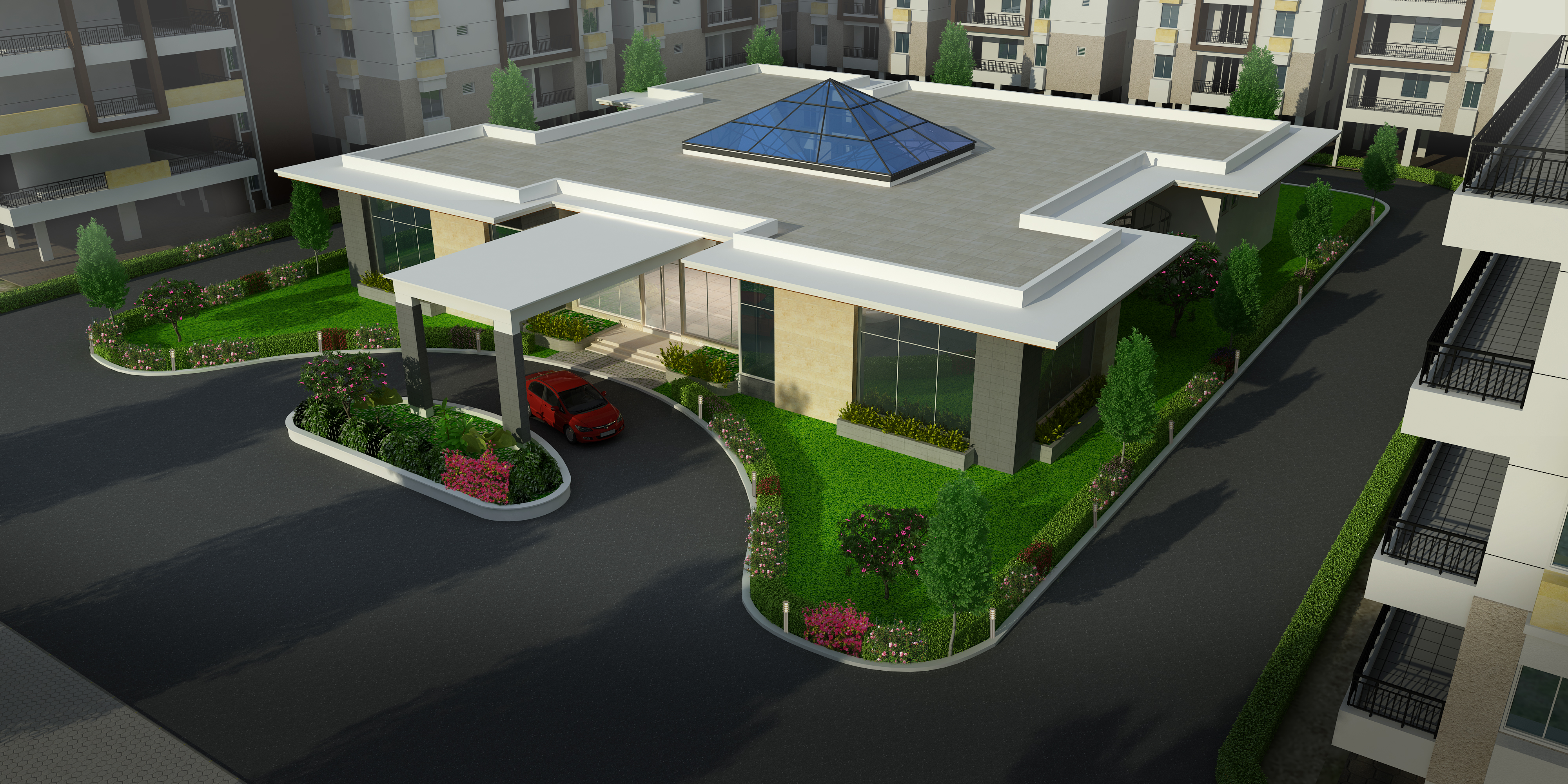 Apartment clubhouse exterior render with skylight roof, landscaped gardens and entry porch among residential blocks, Hyderabad