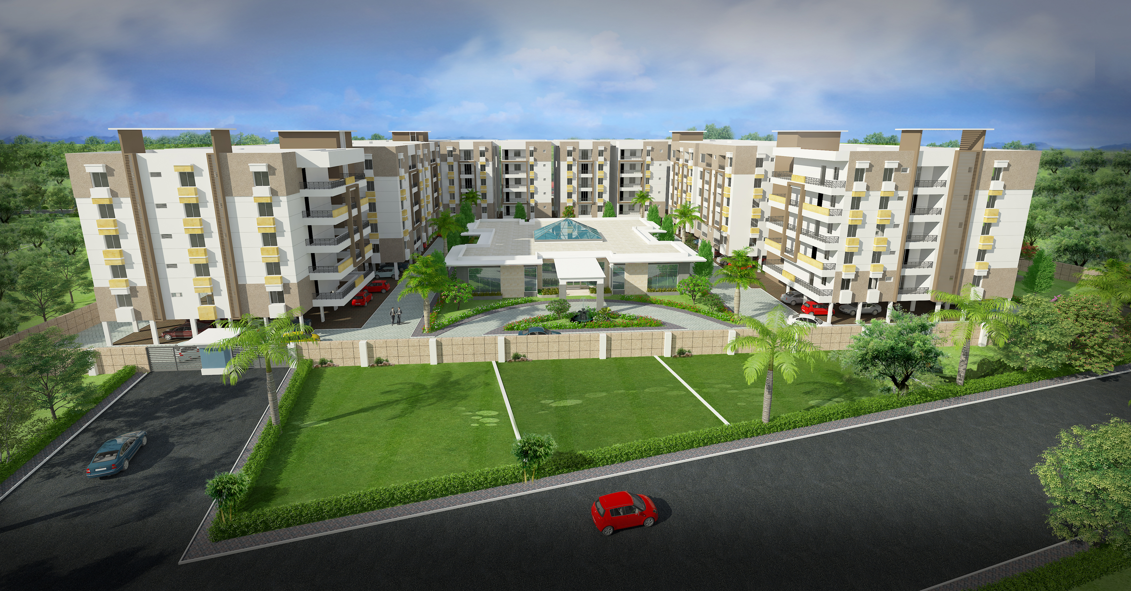 Gated apartment community render with mid-rise blocks, swimming pool, lawns and tree-lined driveway, Hyderabad