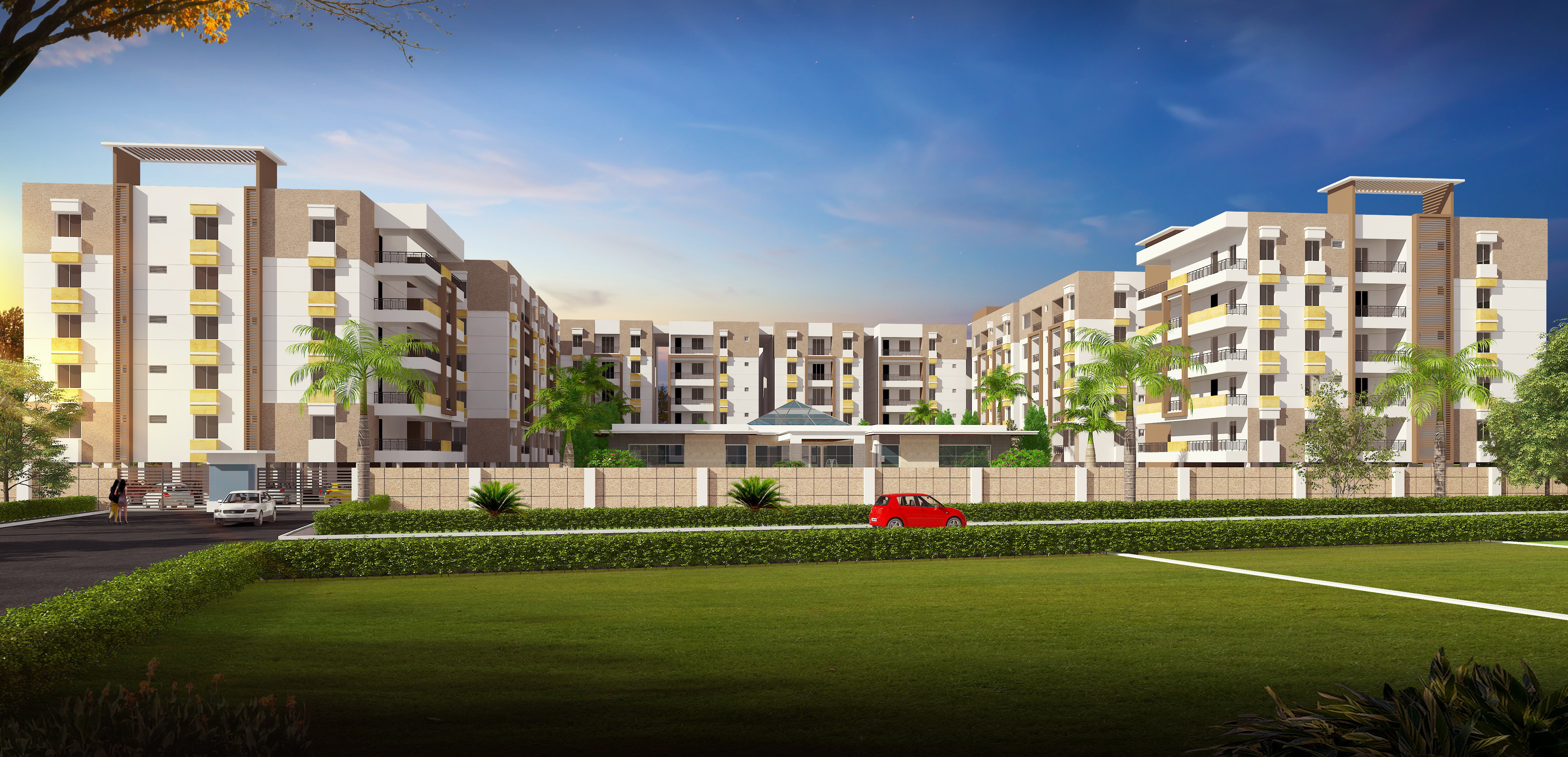 Residential apartment complex exterior render with multi-storey blocks, open lawn and palm-lined boundary, Hyderabad