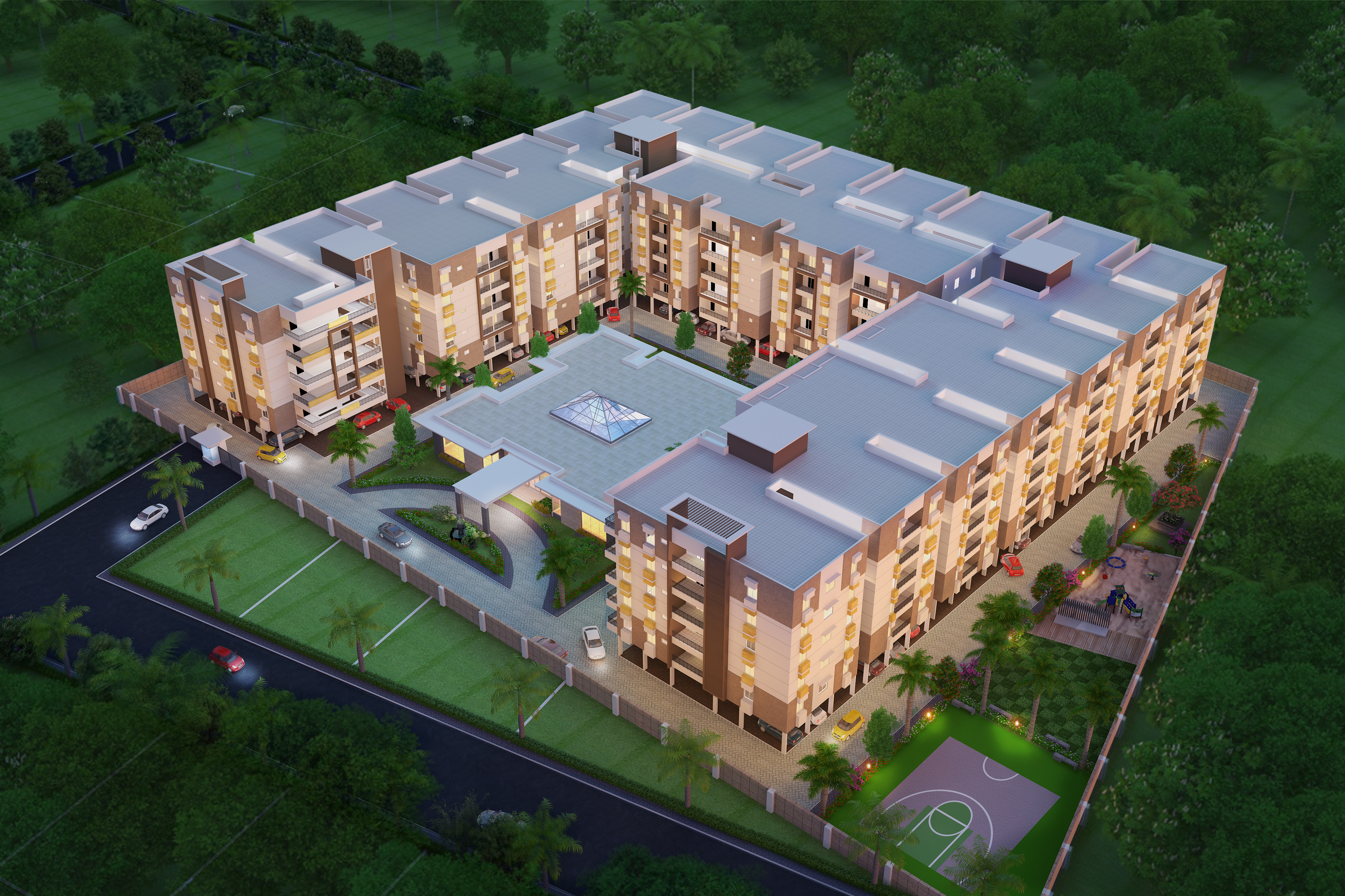 Aerial render of a square apartment complex with central courtyard, sports court and surrounding greenery, Hyderabad