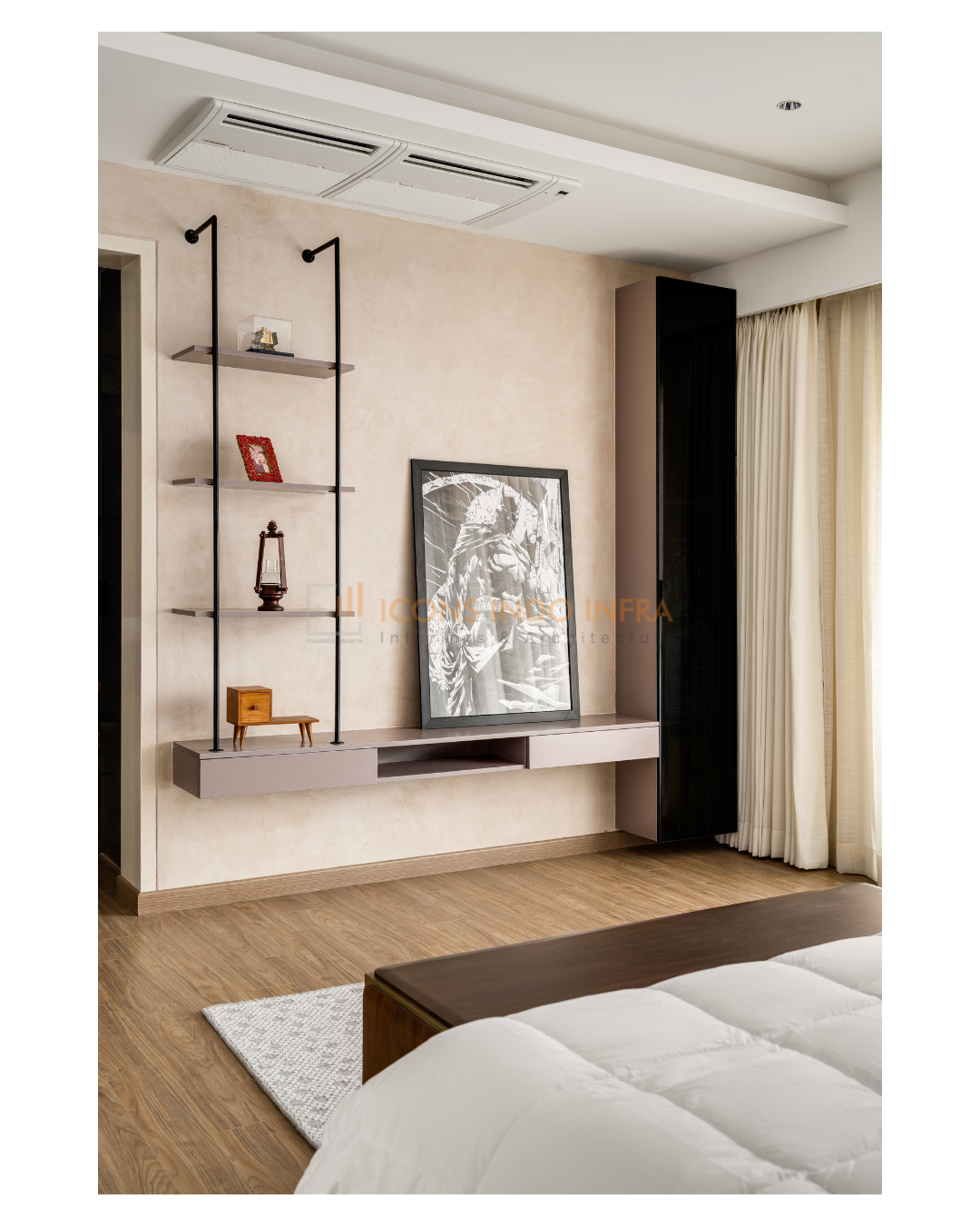Master bedroom wall with floating console, black metal display shelves, framed artwork and a textured plaster backdrop