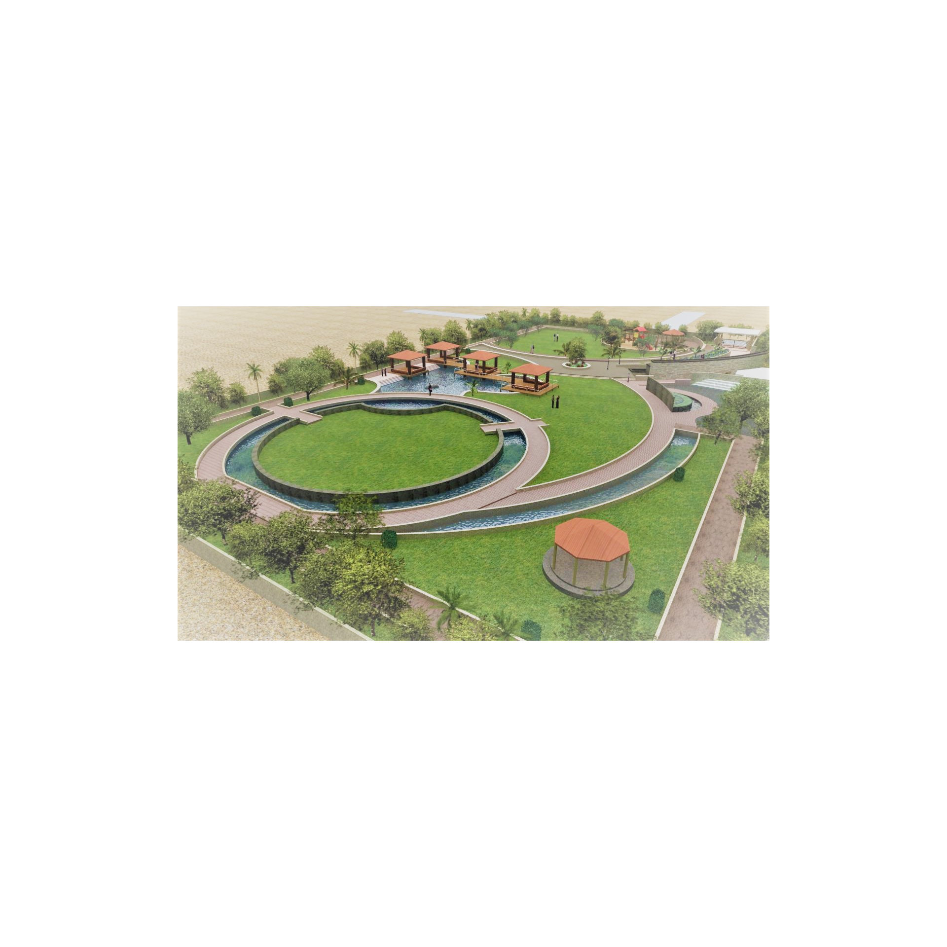 Bird's-eye render of a circular lawn ringed by water channels, pavilions and tree-lined paths, Hyderabad