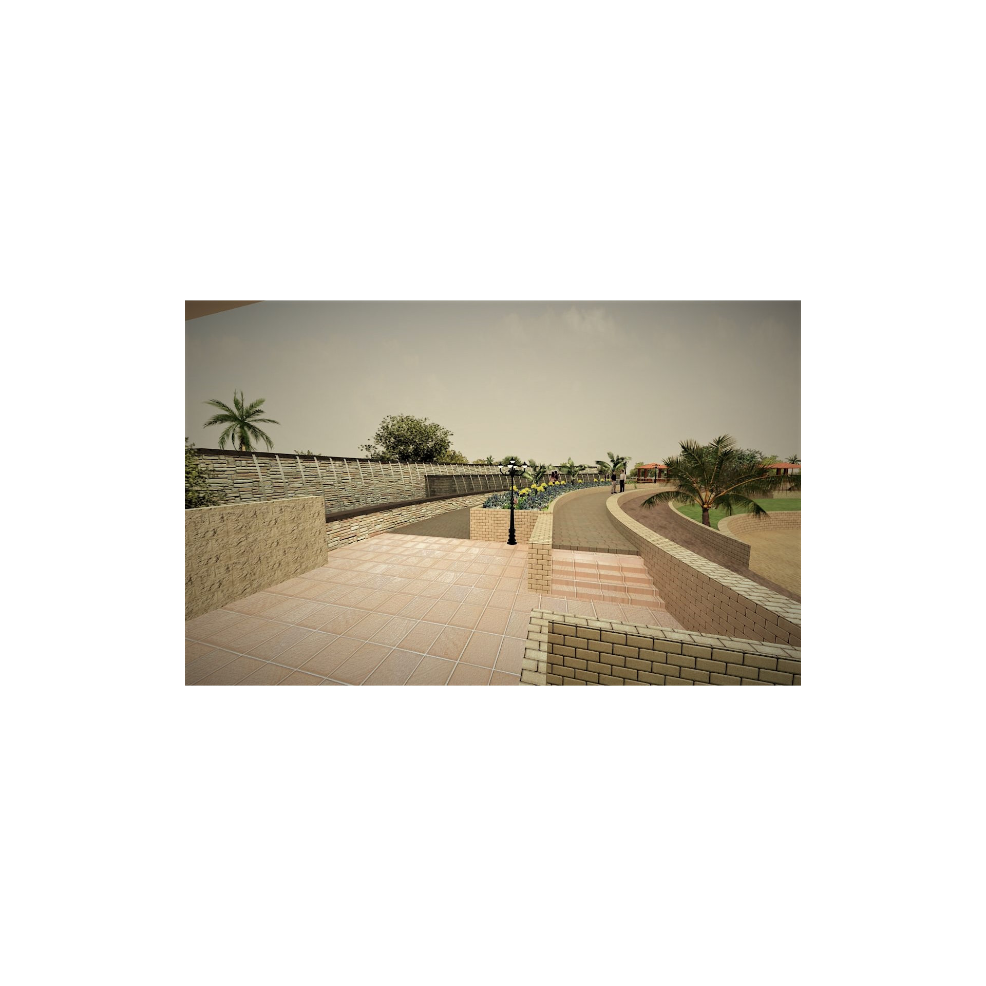 Render of a tiled walkway with brick planter walls, lamp post and palms in a landscaped park, Hyderabad