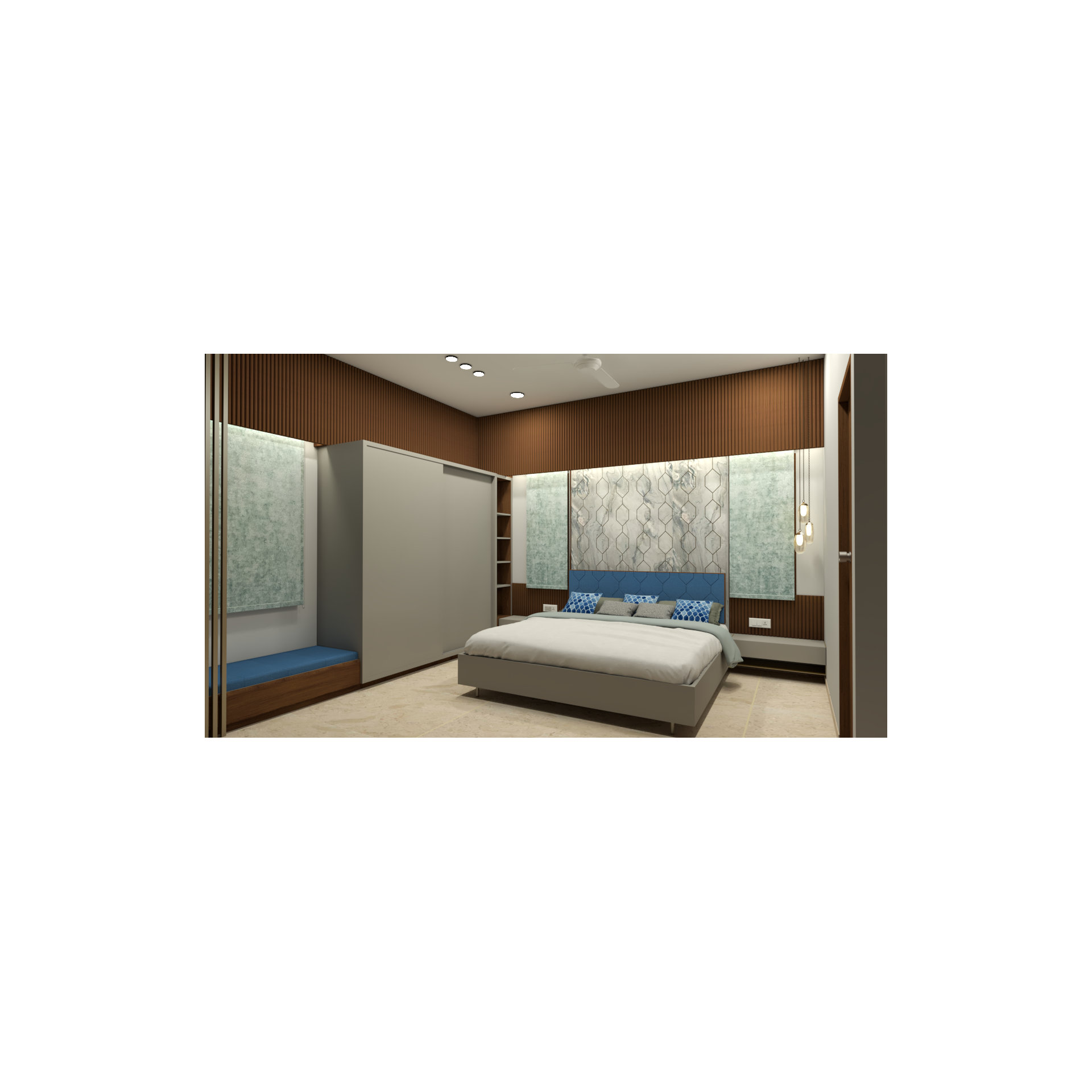 Bedroom render with brown fluted wall panels, grey bed, blue cushions and a window bench seat, Hyderabad home
