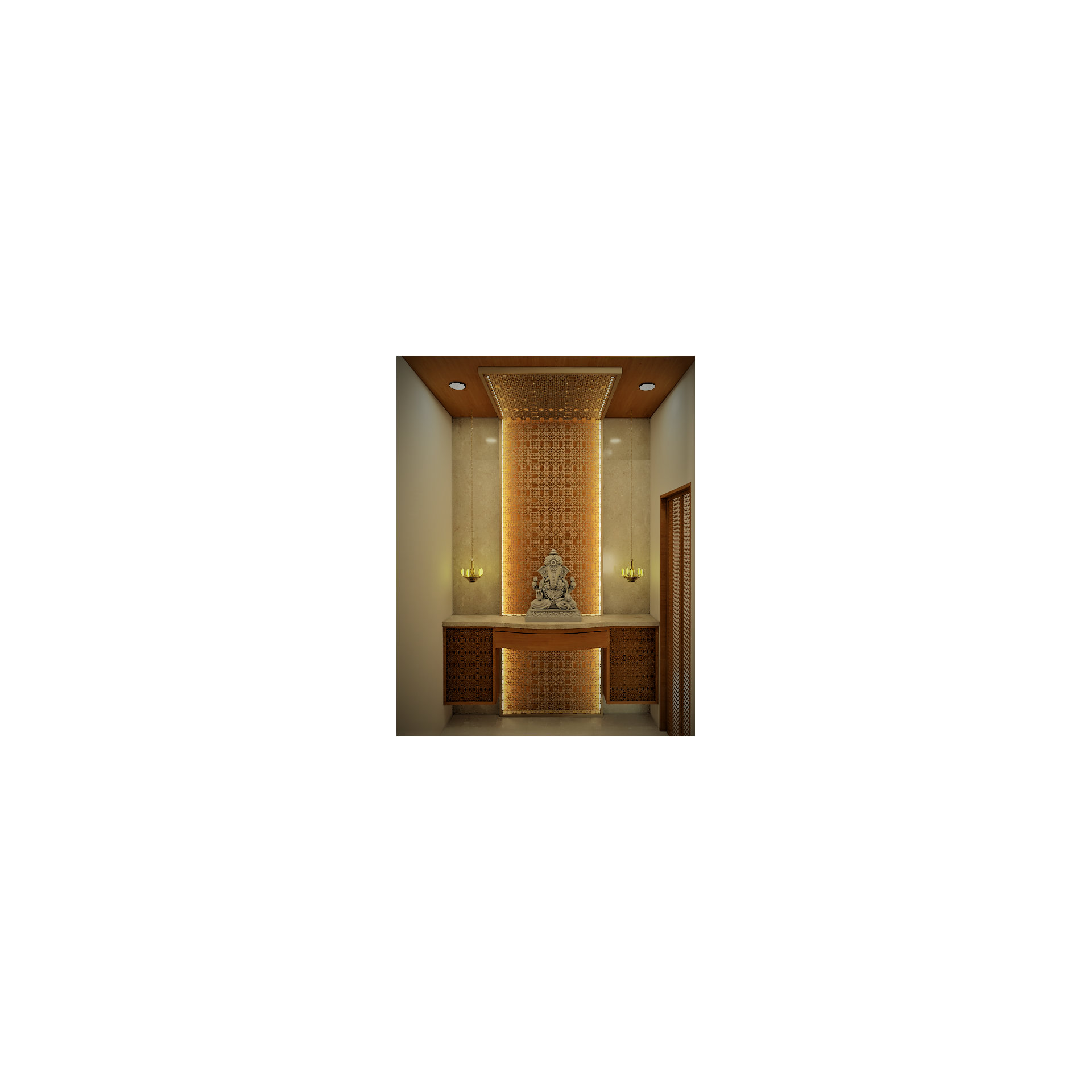 Pooja room render with carved Ganesha idol, backlit perforated gold panel and wall sconces, Hyderabad home
