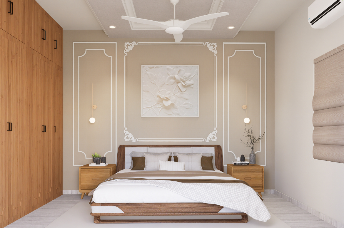 Master bedroom with beige wall mouldings, floral relief art, wood platform bed and slat wardrobe, Hyderabad