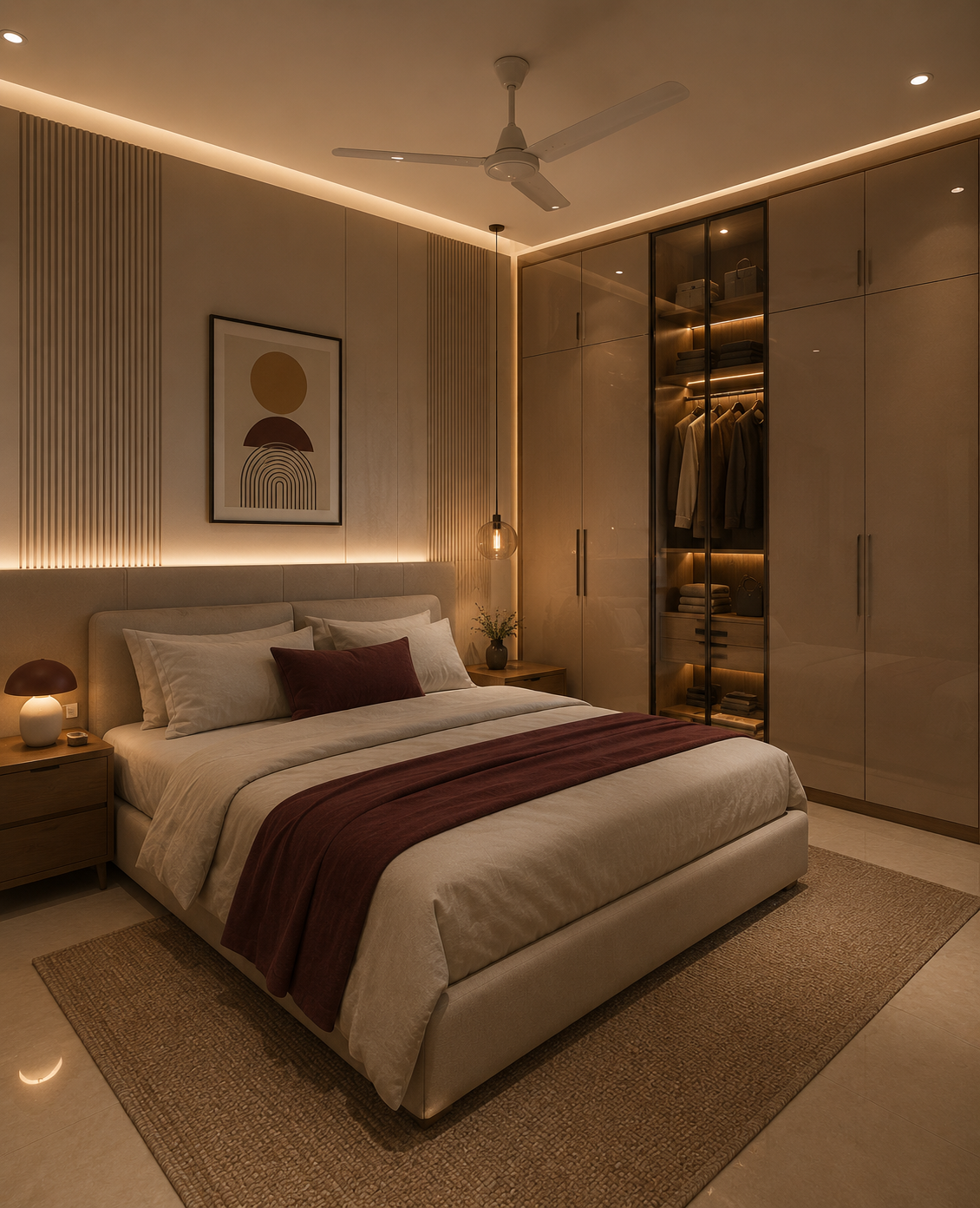 Bedroom with glossy wardrobe, walk-in closet, and maroon accent throw on bed