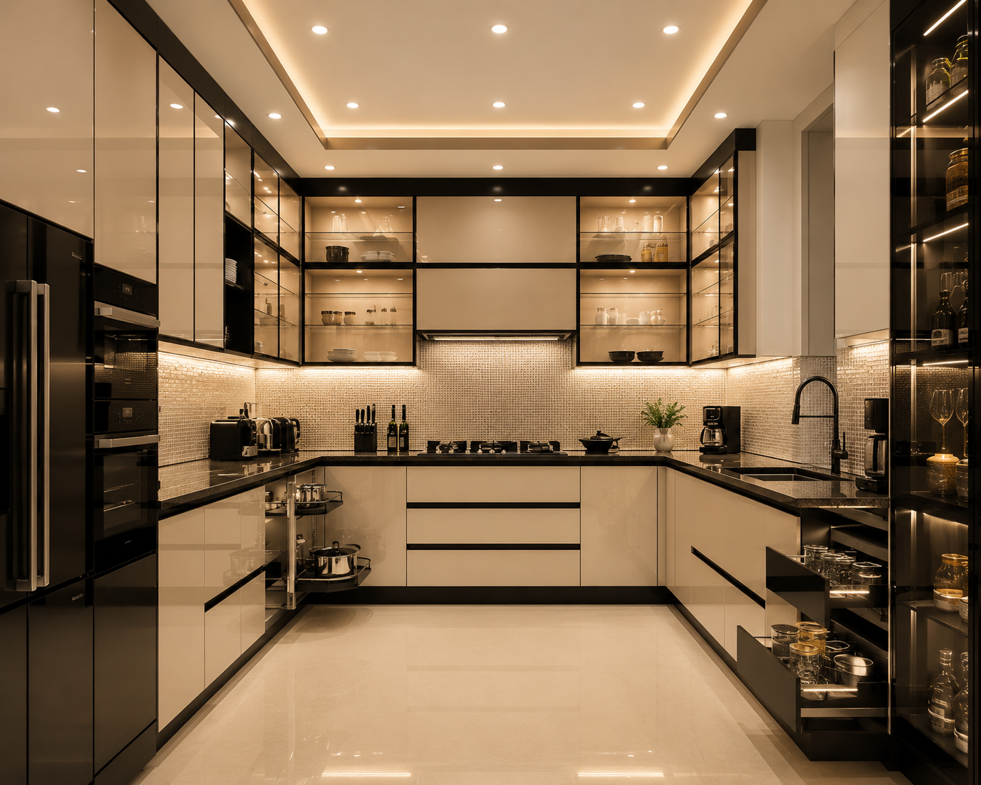 Luxury U-shaped kitchen with black countertops, glass-front upper cabinets, and integrated lighting