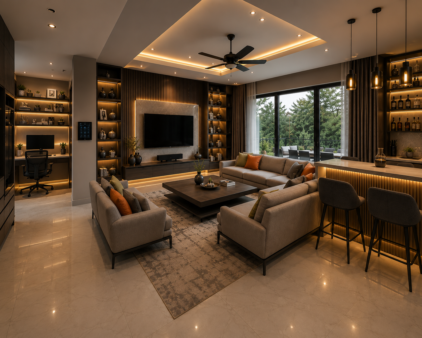 Open-plan living room with home bar, study desk, and seating area under a tray ceiling