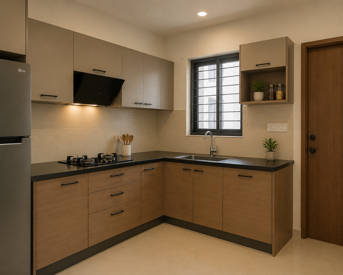 Small L-shaped modular kitchen with wooden cabinets, black countertop, and window above the sink