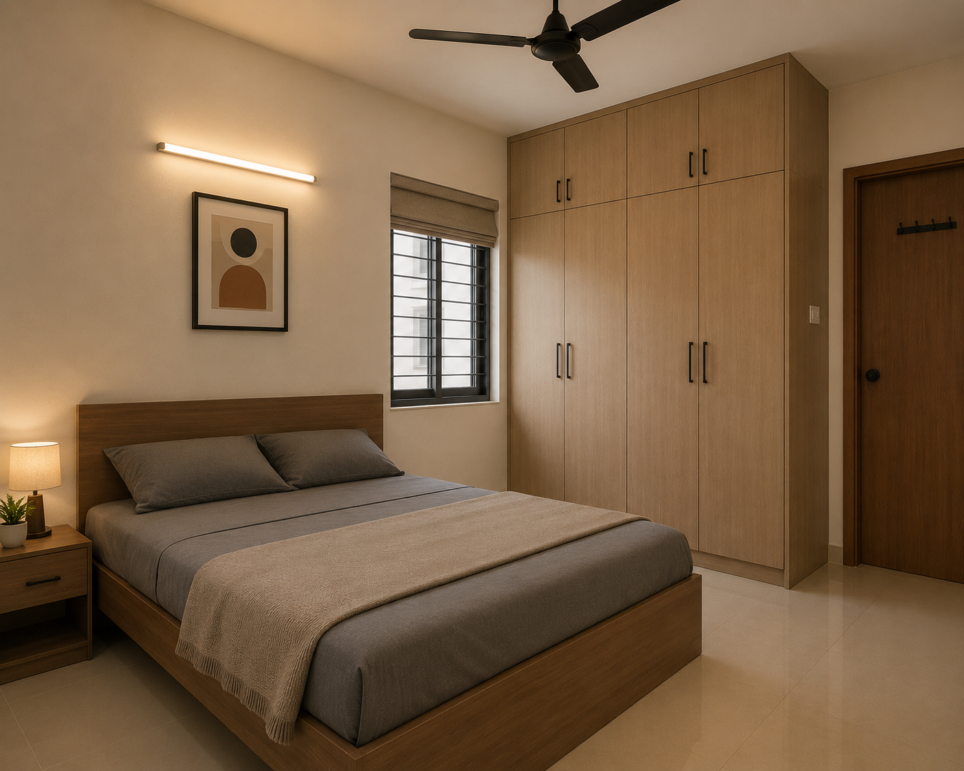 Bedroom with wooden wardrobe, grey bedding, and abstract wall art above headboard