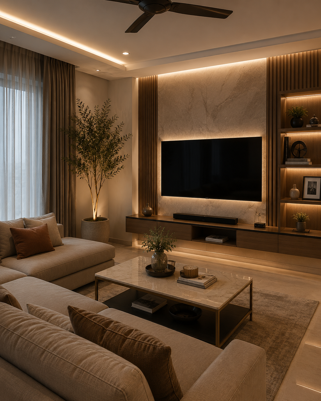 Living room with marble-clad TV wall, wooden fluted panels, and floating media unit