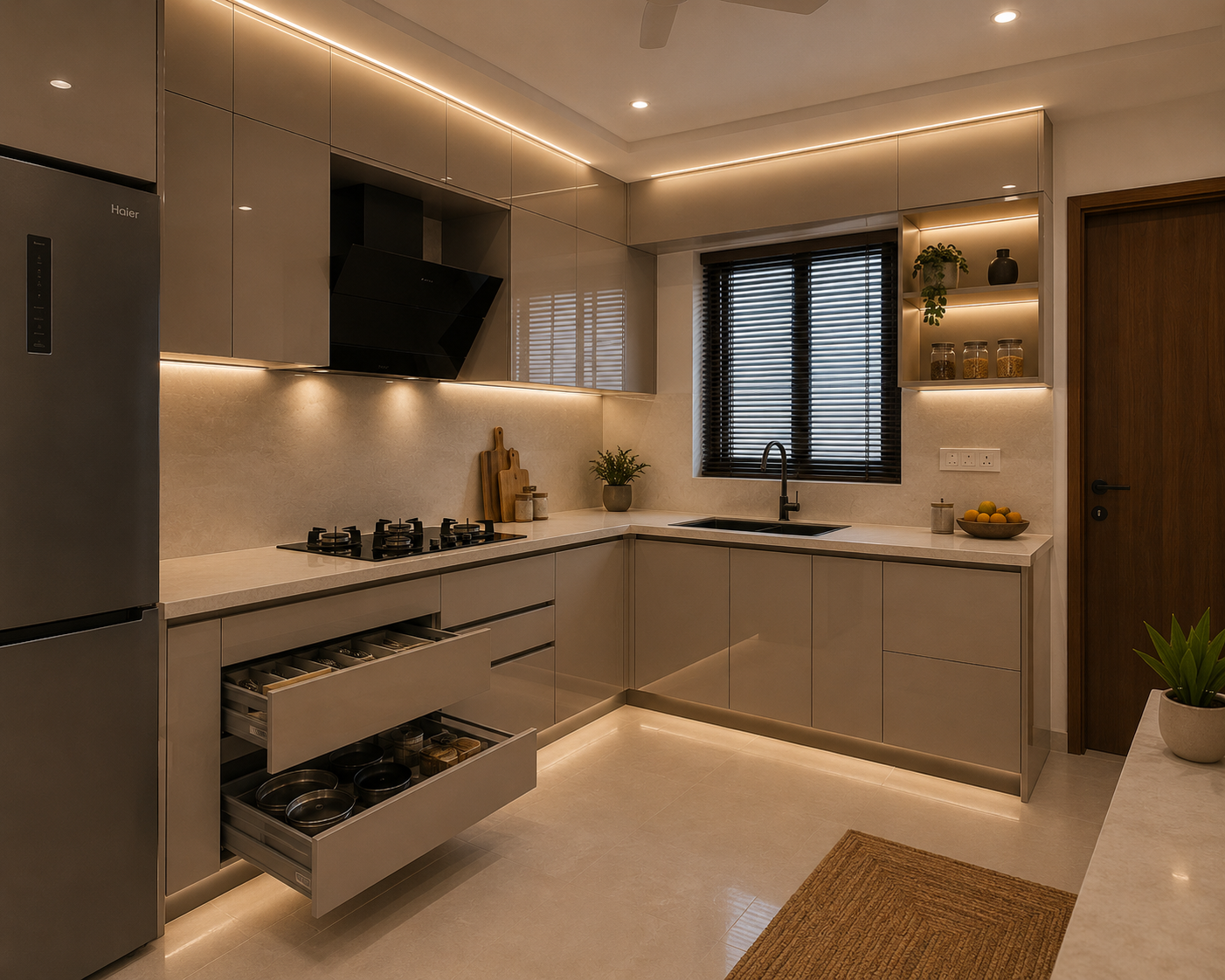 Modern kitchen island with three pendant lights, bar stools, and marble countertop