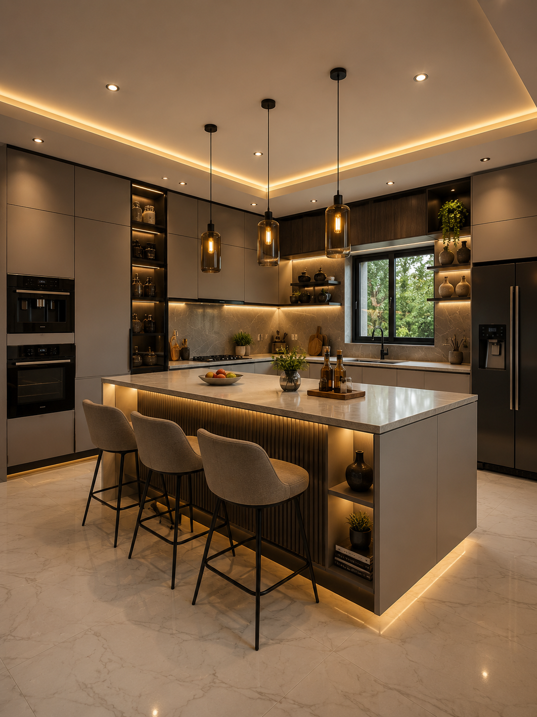 Modern kitchen island with three pendant lights, bar stools, and marble countertop