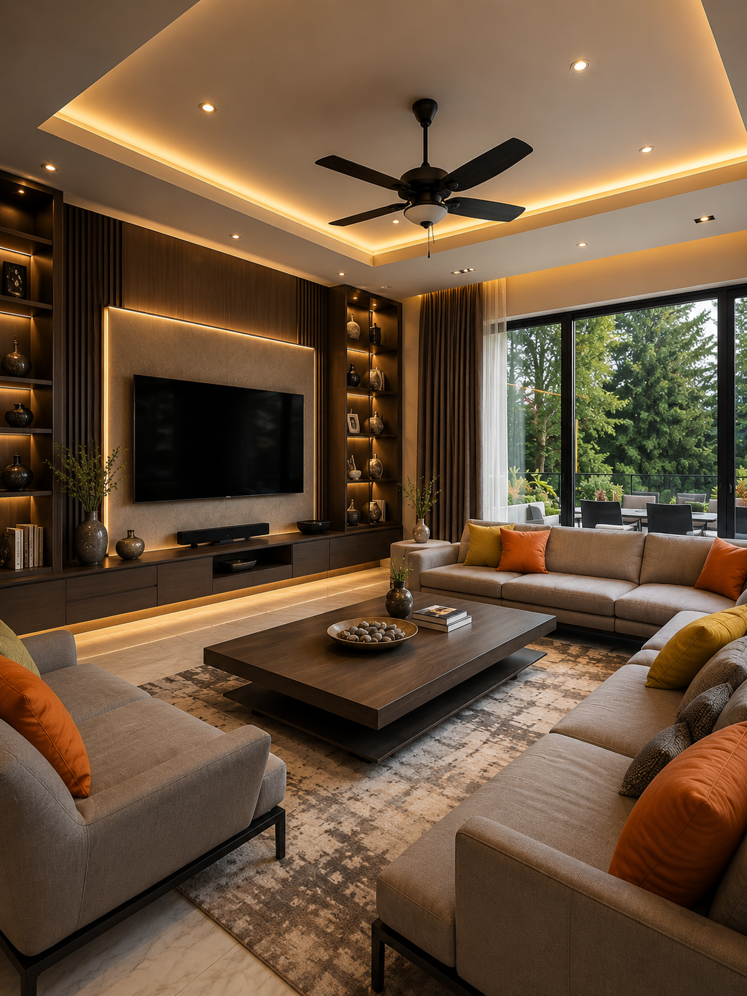 Modern living room with wood-paneled TV wall, ceiling fan, and grey sectional sofa with orange accent cushions