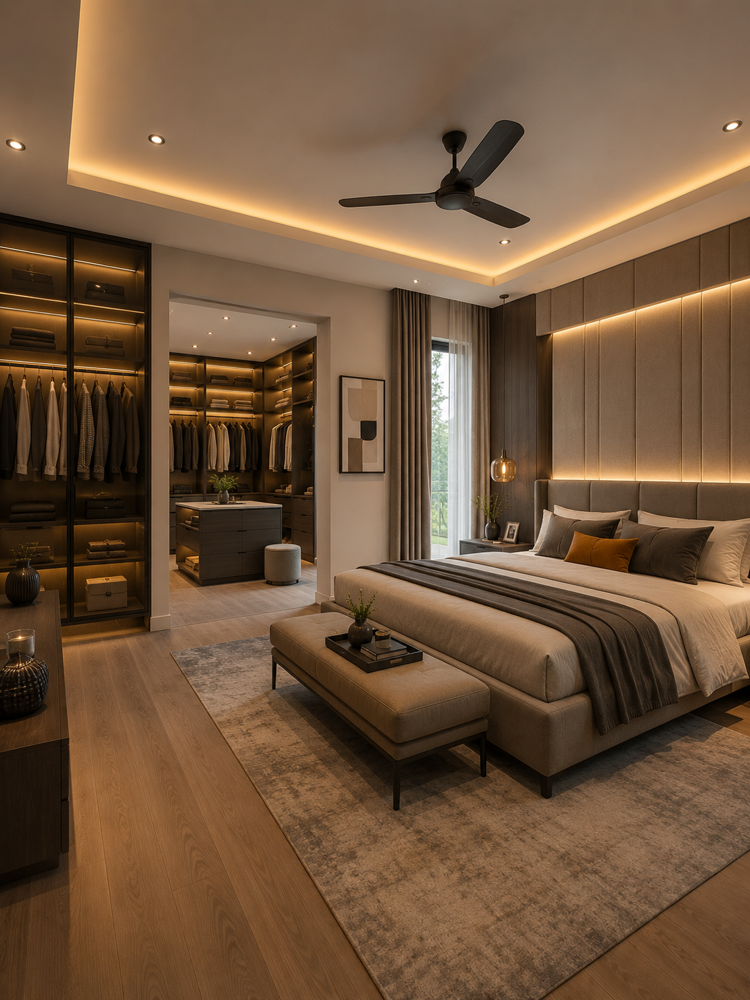 Bedroom with glossy wardrobe, walk-in closet, and maroon accent throw on bed