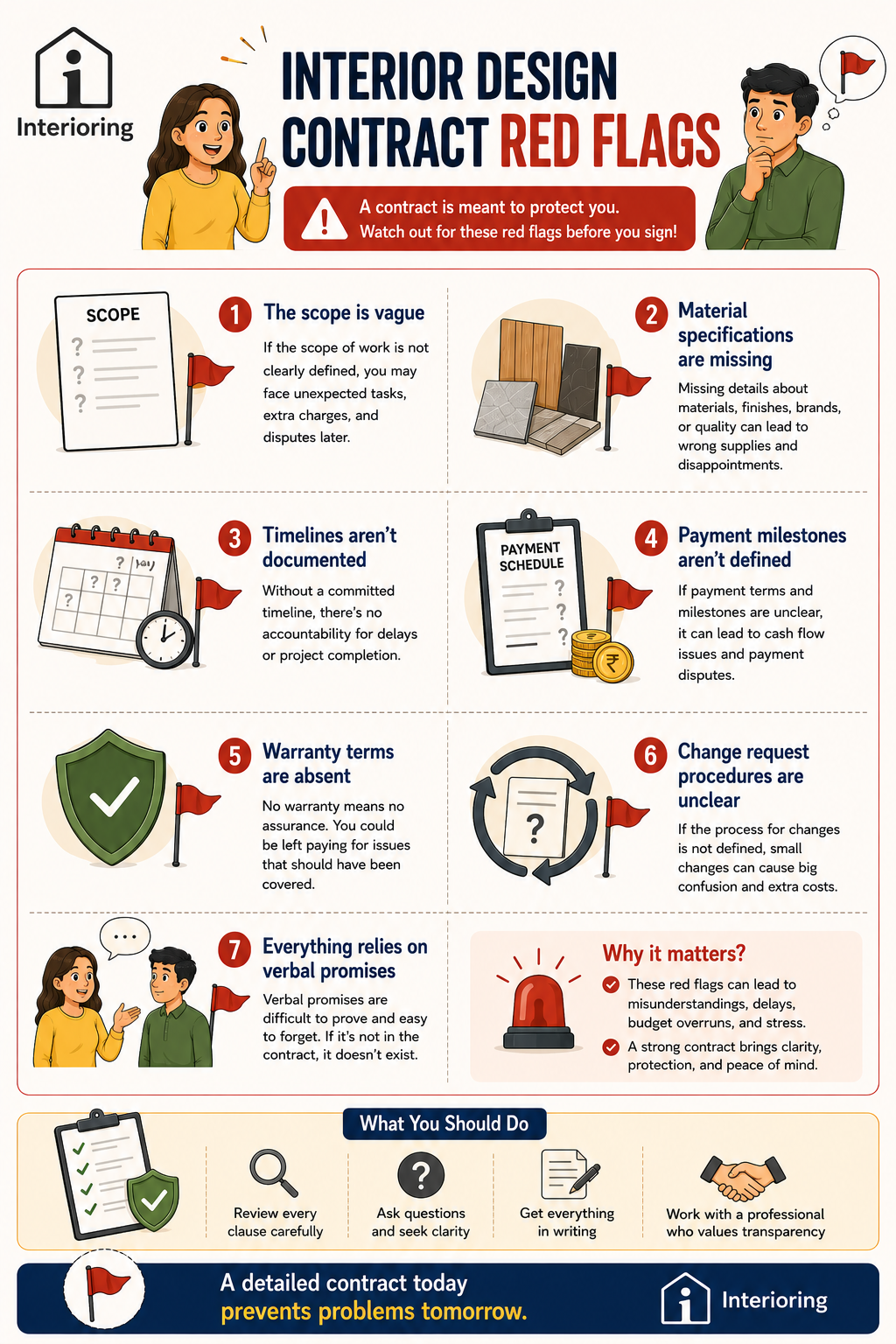 Infographic listing 7 interior design contract red flags, including vague scope, missing material specs, undocumented timelines, and undefined payment milestones