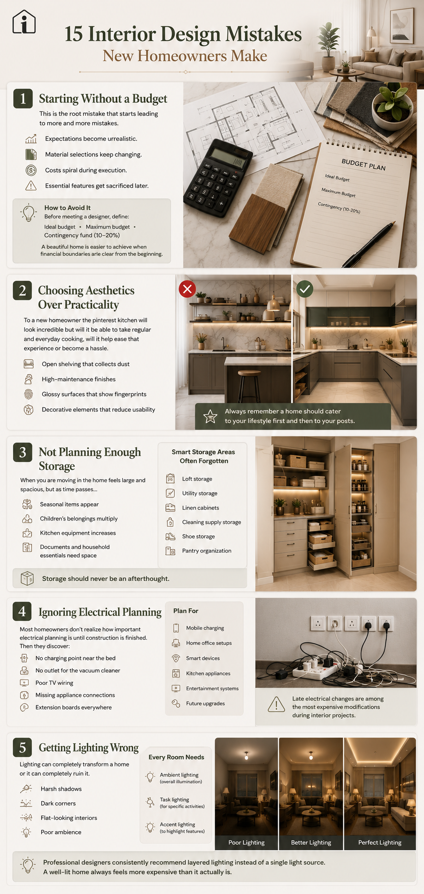 Infographic covering the first 5 interior design mistakes new homeowners make: starting without a budget, choosing aesthetics over practicality, poor storage planning, ignoring electrical planning, and getting lighting wrong