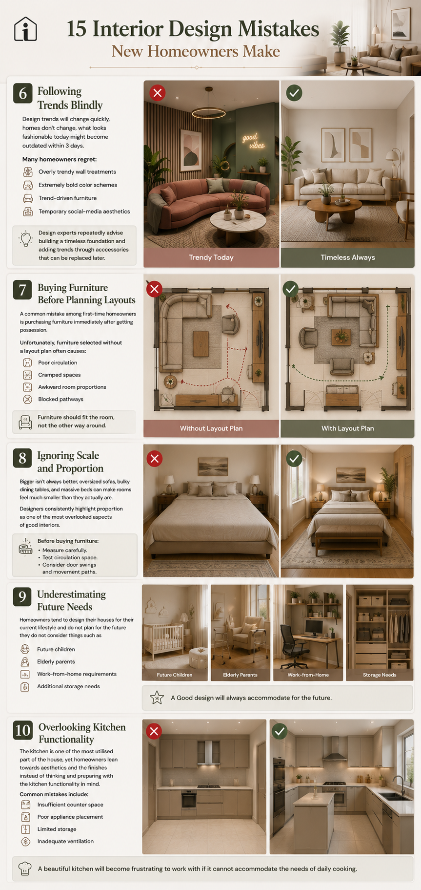 Infographic covering interior design mistakes 6 to 10: following trends blindly, buying furniture before planning layouts, ignoring scale and proportion, underestimating future needs, and overlooking kitchen functionality