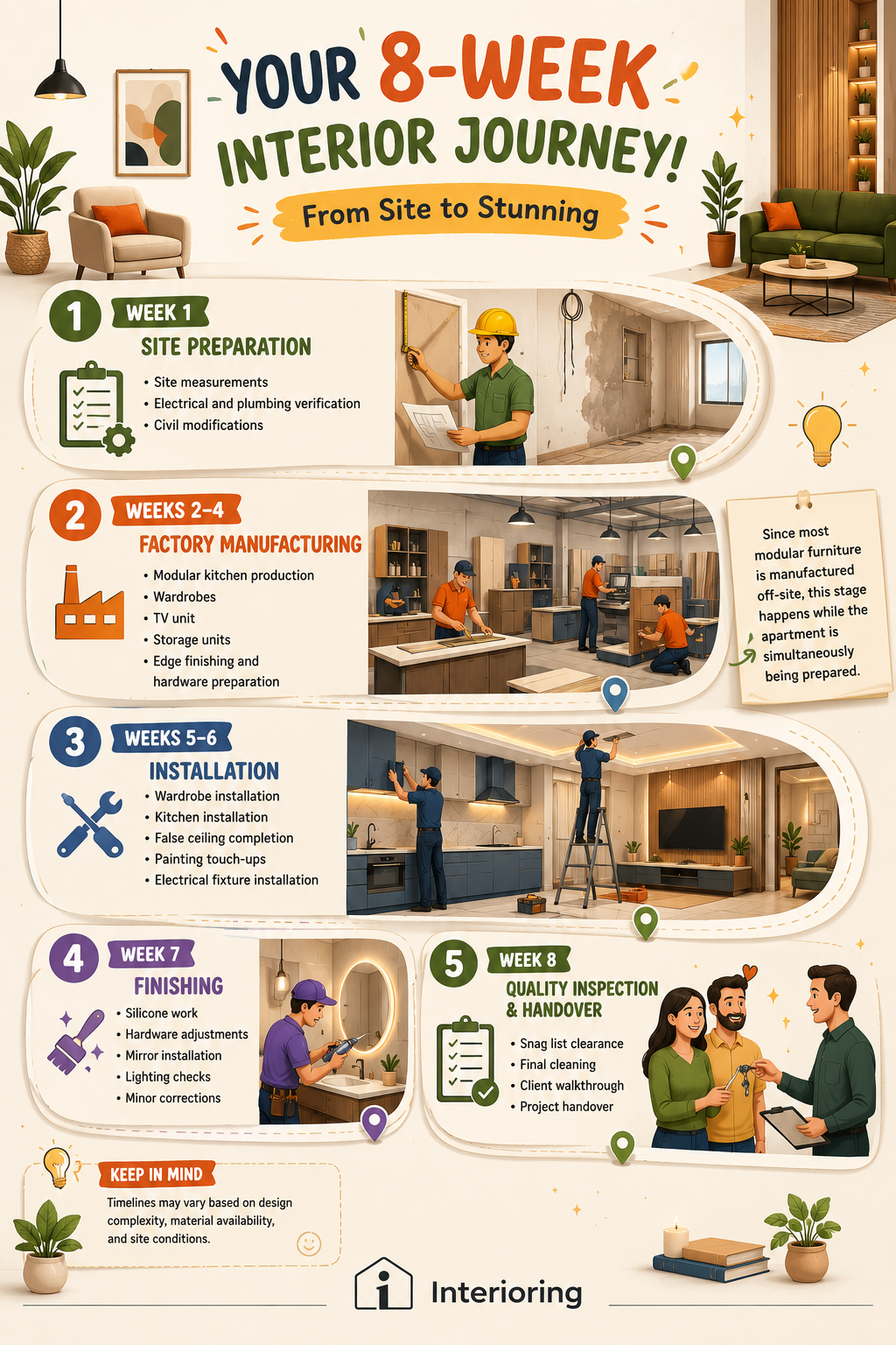 Infographic showing a week-by-week interior design timeline from site preparation and factory manufacturing through installation, finishing, quality inspection, and handover