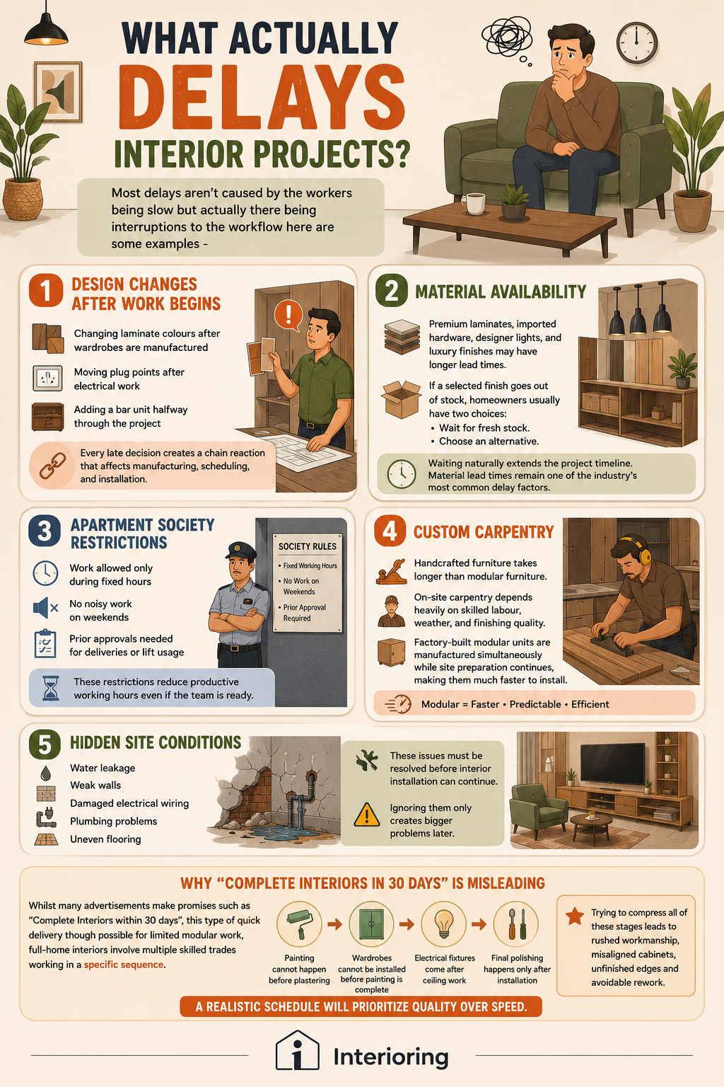 Infographic listing 5 causes of interior project delays including design changes, material availability, apartment restrictions, custom carpentry, and hidden site conditions