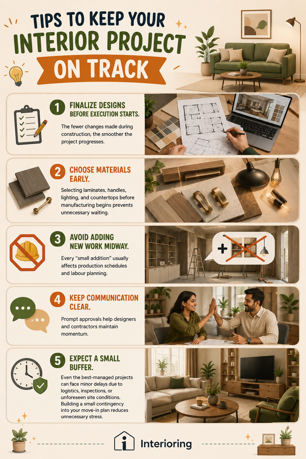 Infographic with 5 tips to keep interior projects on schedule, covering design finalization, early material selection, avoiding midway additions, clear communication, and buffer planning