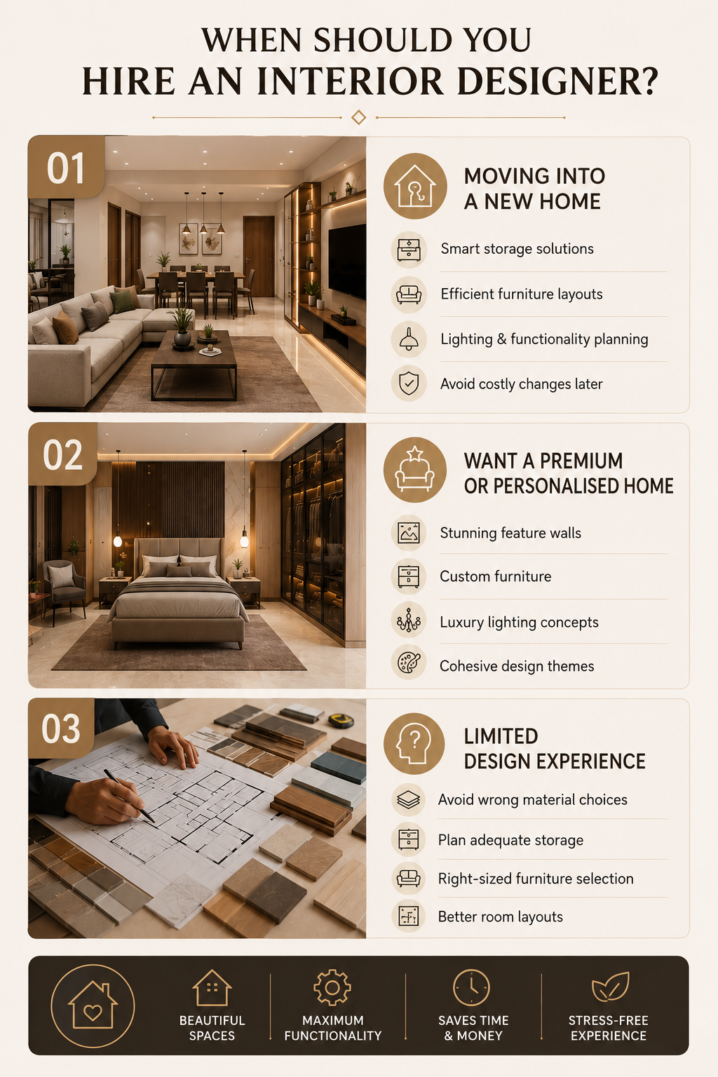 Infographic listing three scenarios for hiring an interior designer: new home, premium personalized home, and limited design experience