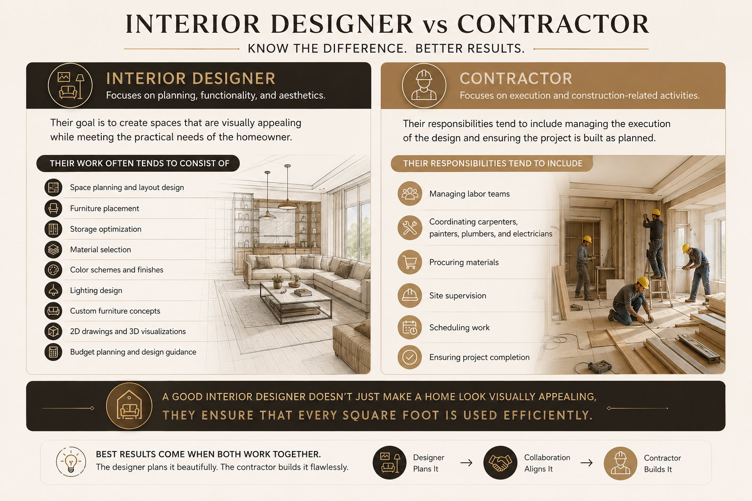 Infographic detailing the responsibilities of an interior designer versus a contractor, from space planning to site supervision