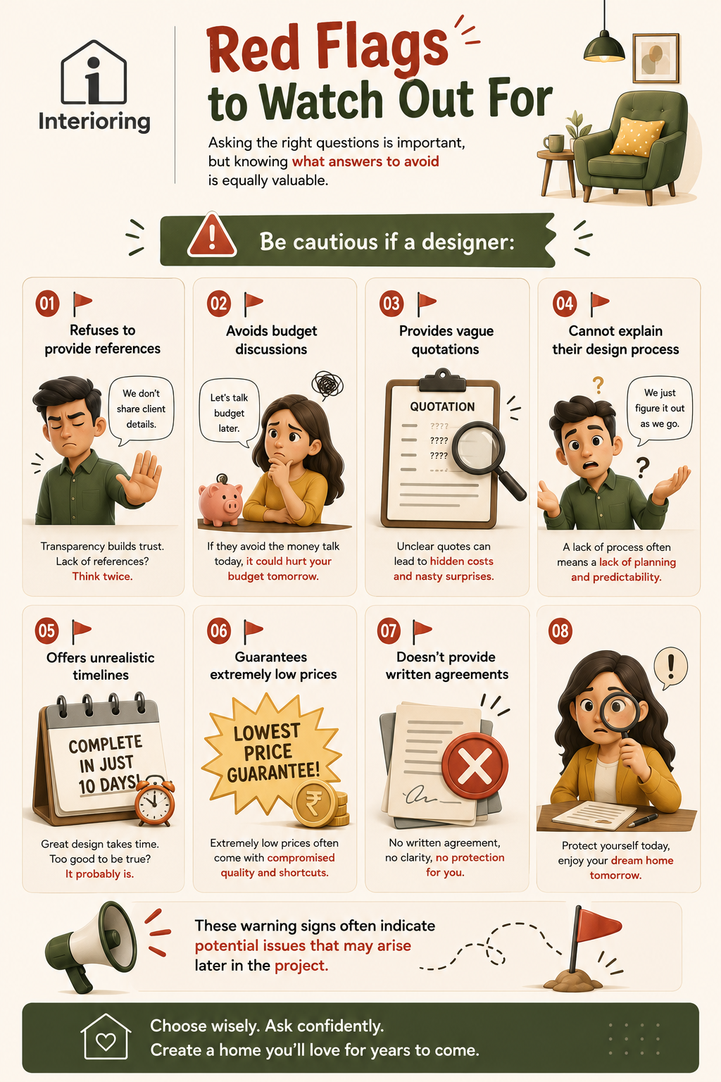 Infographic listing 8 red flags when hiring an interior designer, including refusing references, vague quotations, unrealistic timelines, and no written agreements