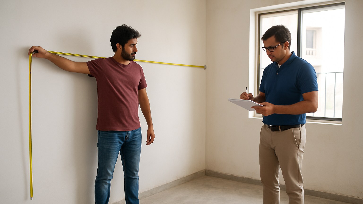Empty unfurnished flat interior with bare walls, bare concrete floor, and a tape measure on the ground — the starting point of a new home fit-out