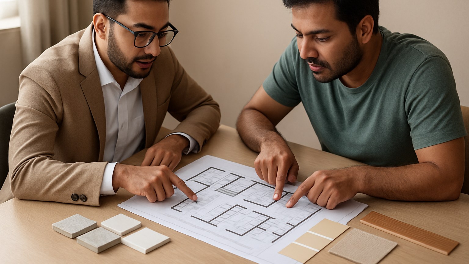 Interior designer and homeowner reviewing a printed floor plan at a table with material samples arranged alongside