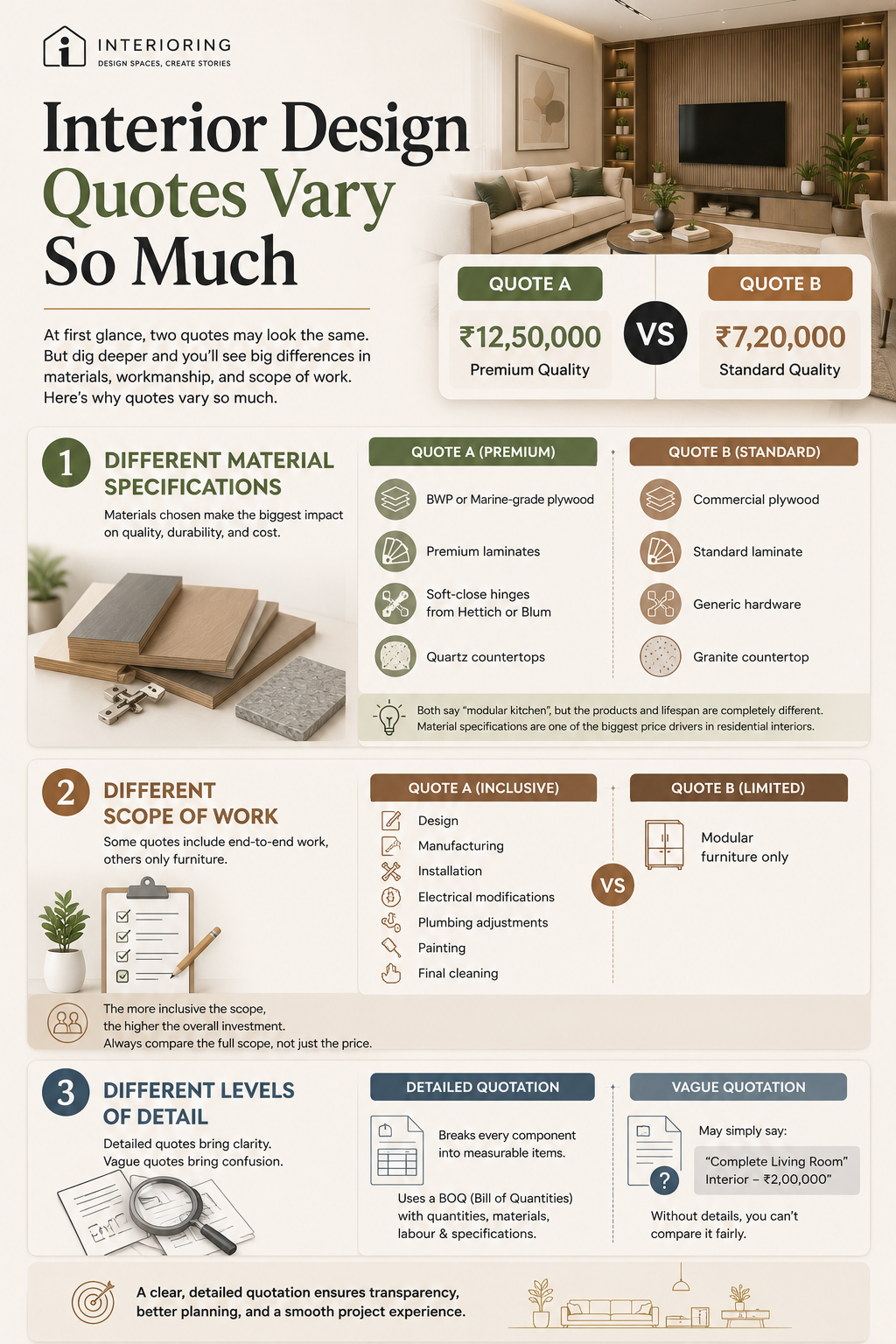 Infographic explaining why interior design quotes vary, covering differences in material specifications, scope of work, and level of detail between premium and standard quotations