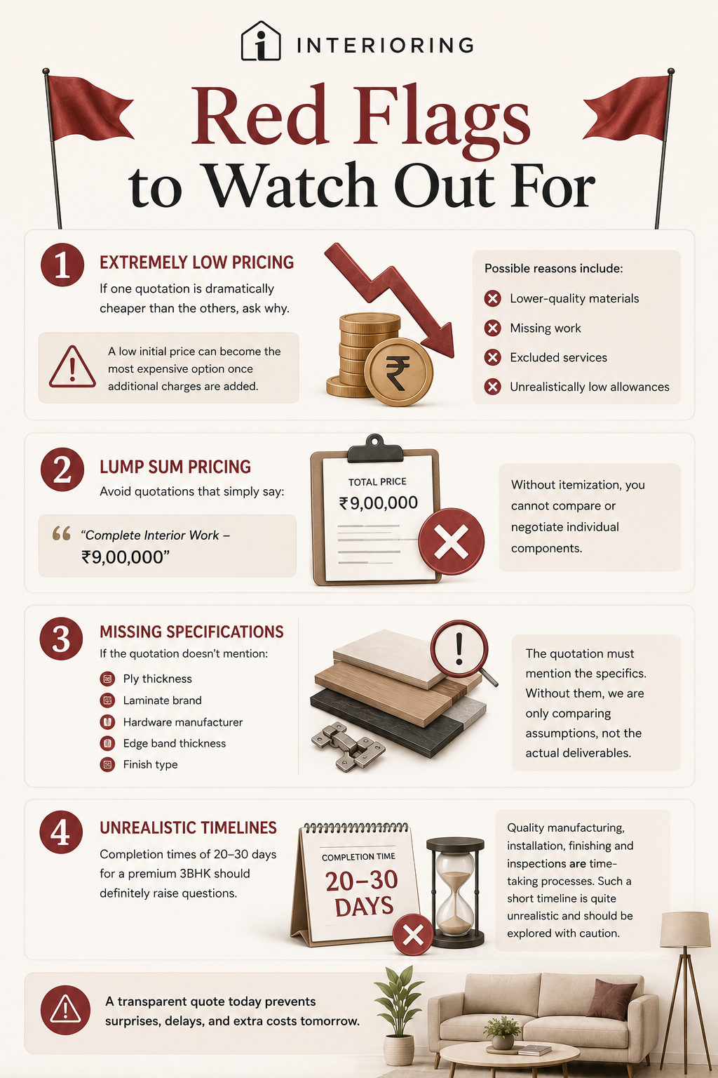 Alt text Infographic listing 4 red flags in interior design quotes: extremely low pricing, lump sum pricing, missing specifications, and unrealistic timelines