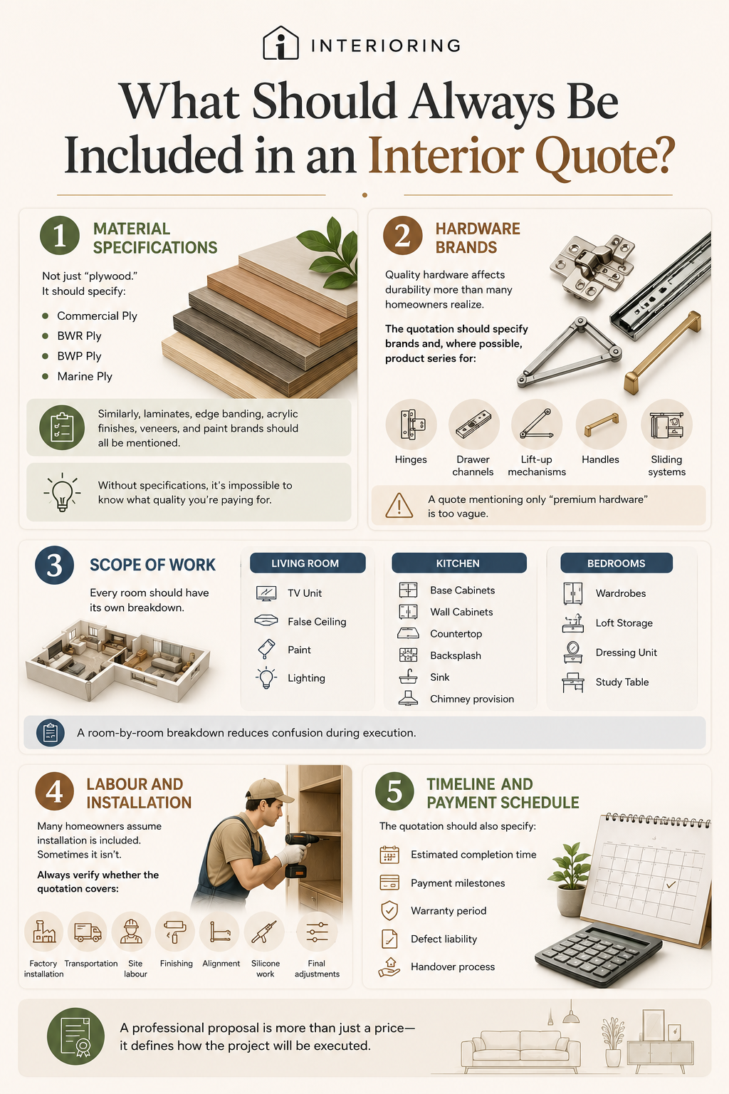Infographic listing 5 essentials in an interior design quote: material specifications, hardware brands, scope of work by room, labour and installation, and timeline with payment schedule
