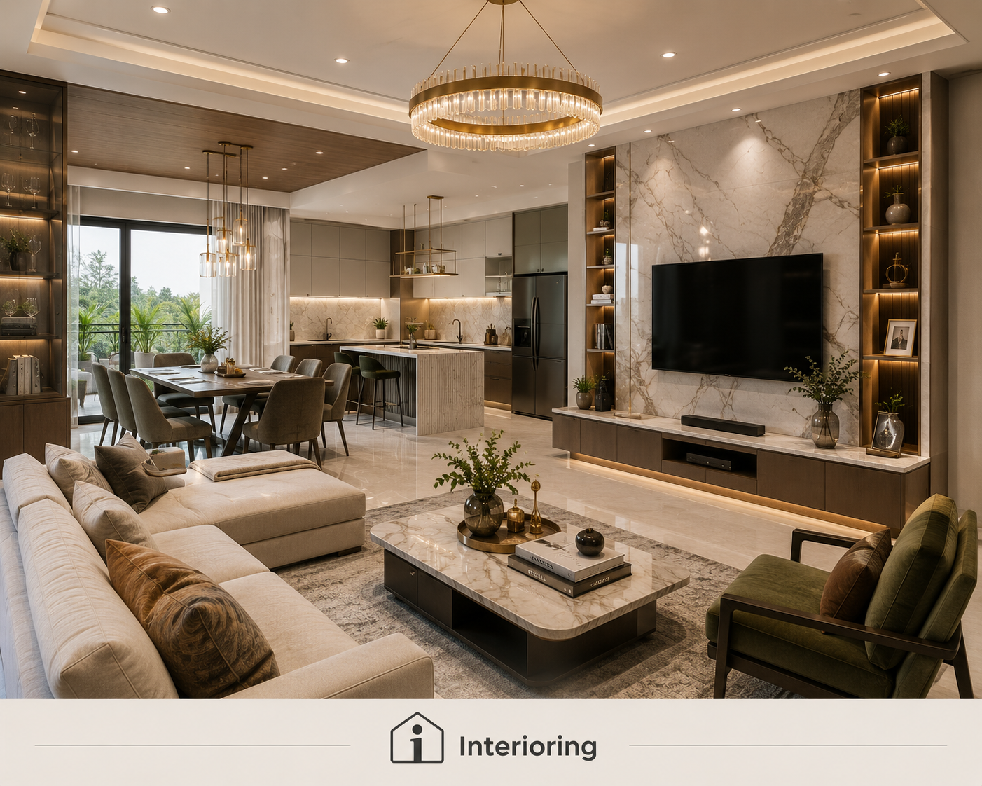Ultra-luxury open-plan living room with gold chandelier, marble TV wall, kitchen island, and dining area representing premium ₹40 lakh home interiors in India