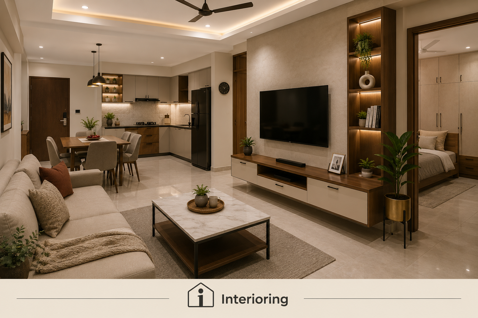 Open-plan living room with modular kitchen, dining area, marble coffee table, and backlit TV wall showcasing a modern Indian home interior
