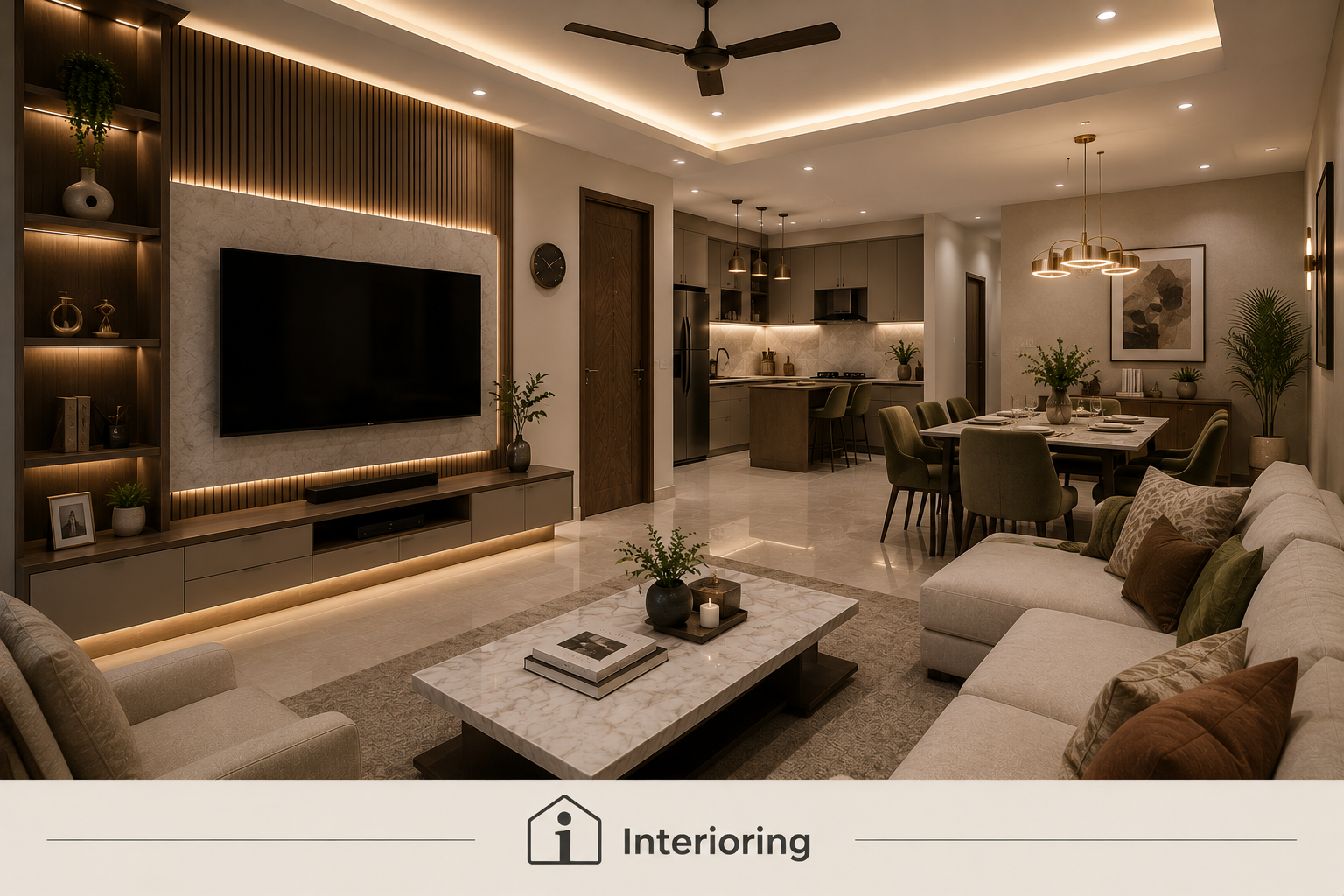 Luxury open-plan living room with backlit fluted TV wall, marble coffee table, modular kitchen, and dining area representing a ₹20 lakh home interior in India