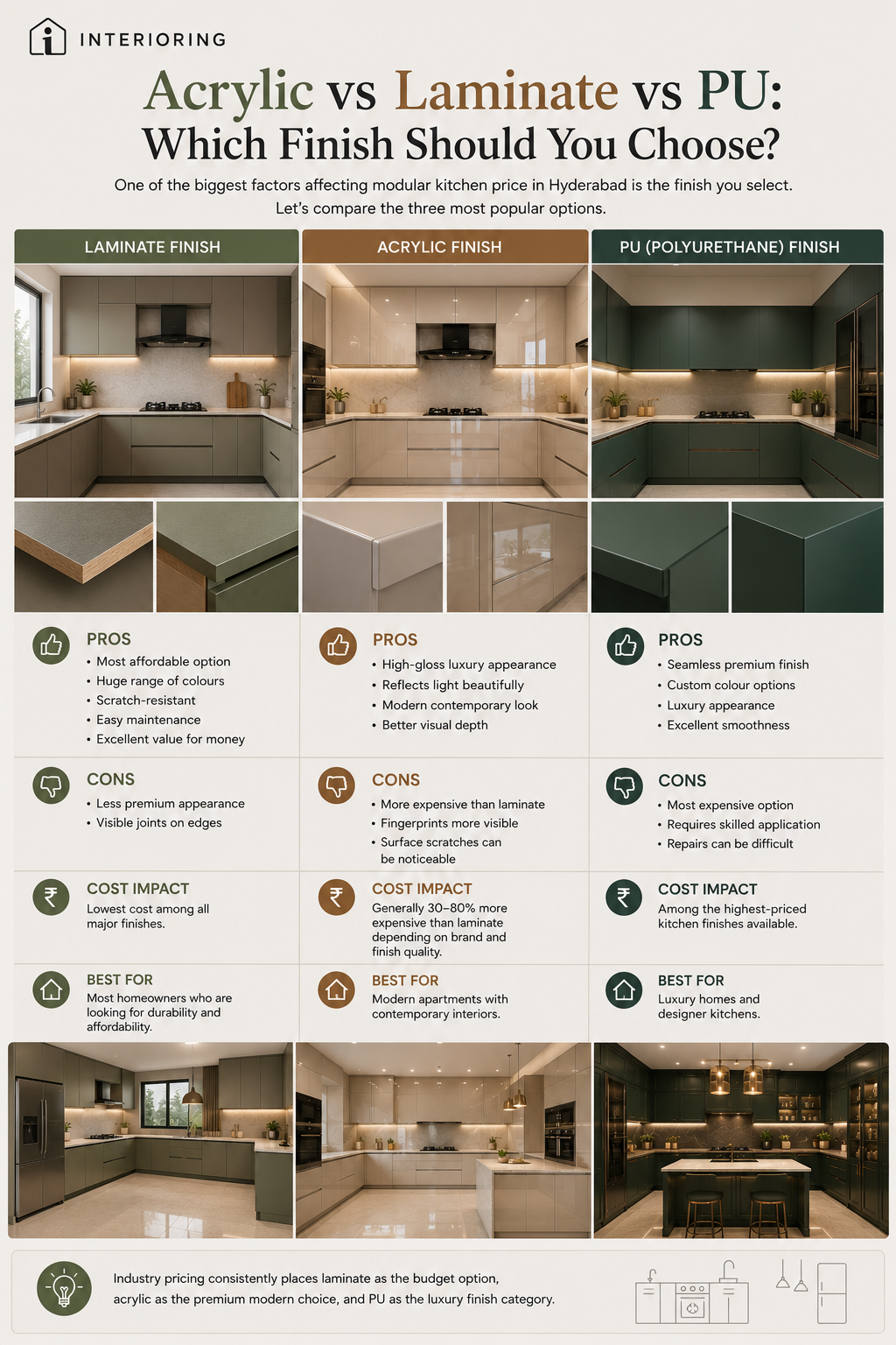 Infographic comparing laminate, acrylic, and PU polyurethane kitchen finishes with pros, cons, cost impact, and best use cases for modular kitchens in Hyderabad
